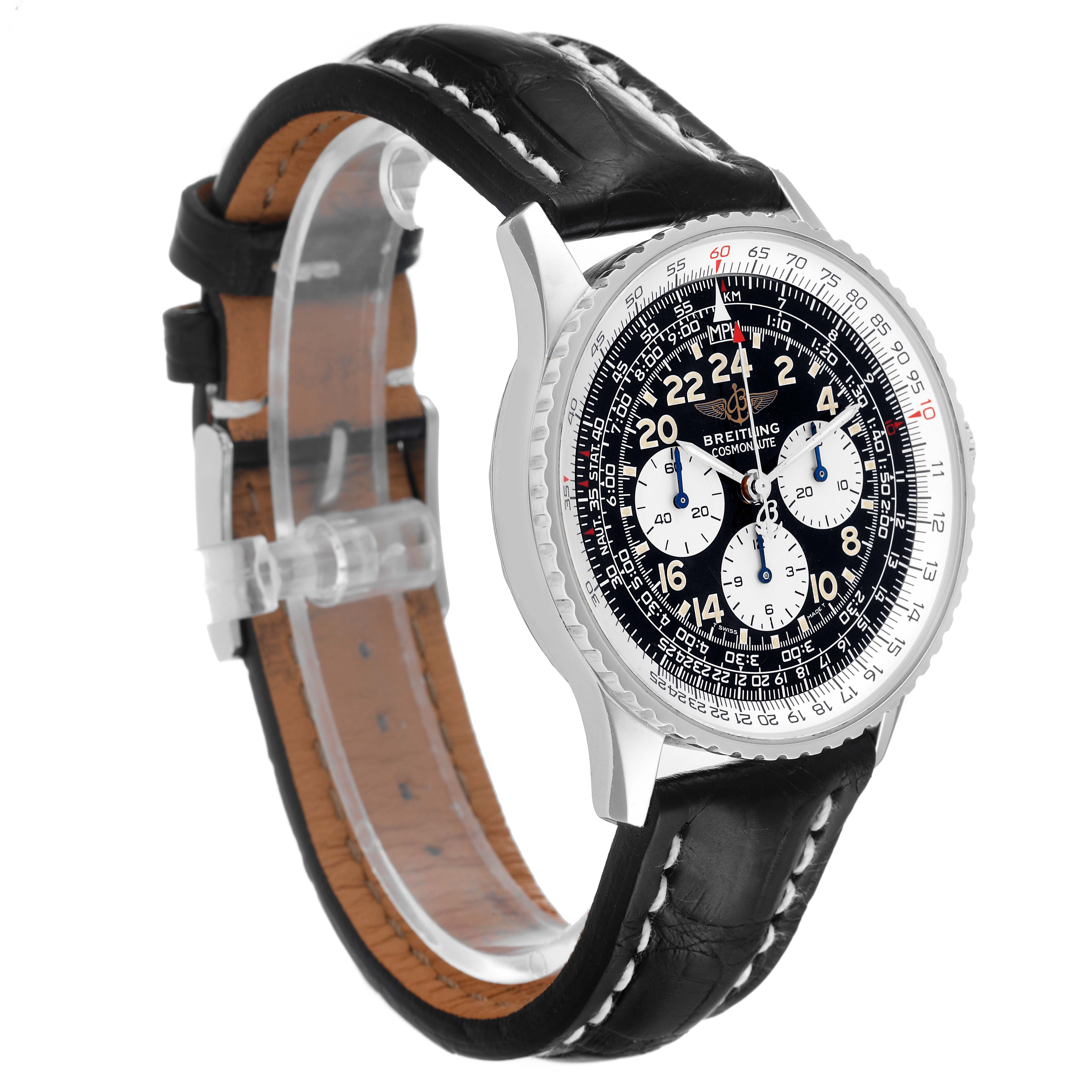 The image shows a Breitling Navitimer A12322 Men
s Stainless Steel Black Dial A12322 Men
s Stainless Steel Black Dial watch angled from the front, displaying the face, bezel, and leather strap.