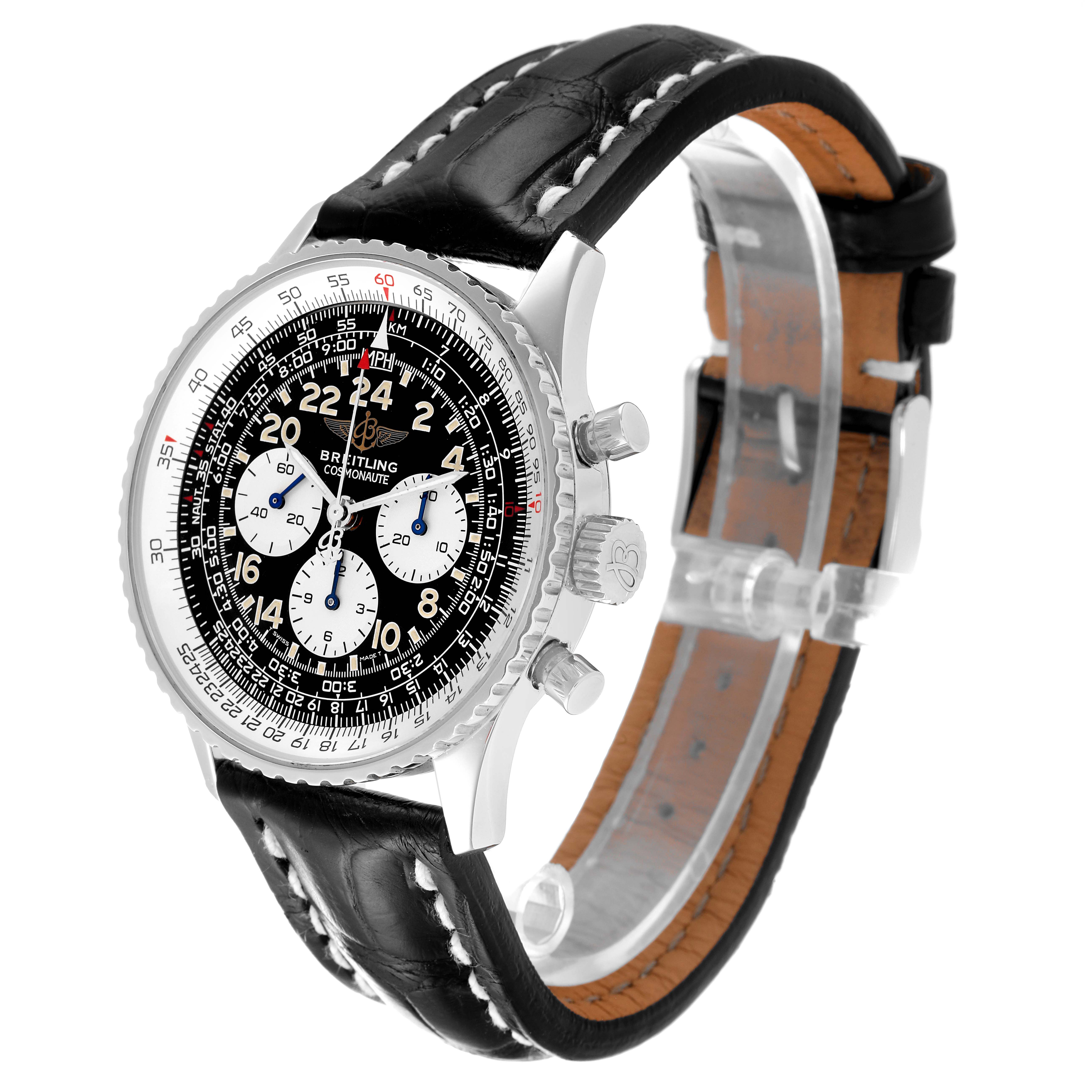 The image shows a Breitling Navitimer A12322 Men
s Stainless Steel Black Dial A12322 Men
s Stainless Steel Black Dial watch at a slight diagonal angle, highlighting the face, crown, chronograph pushers, and leather strap.
