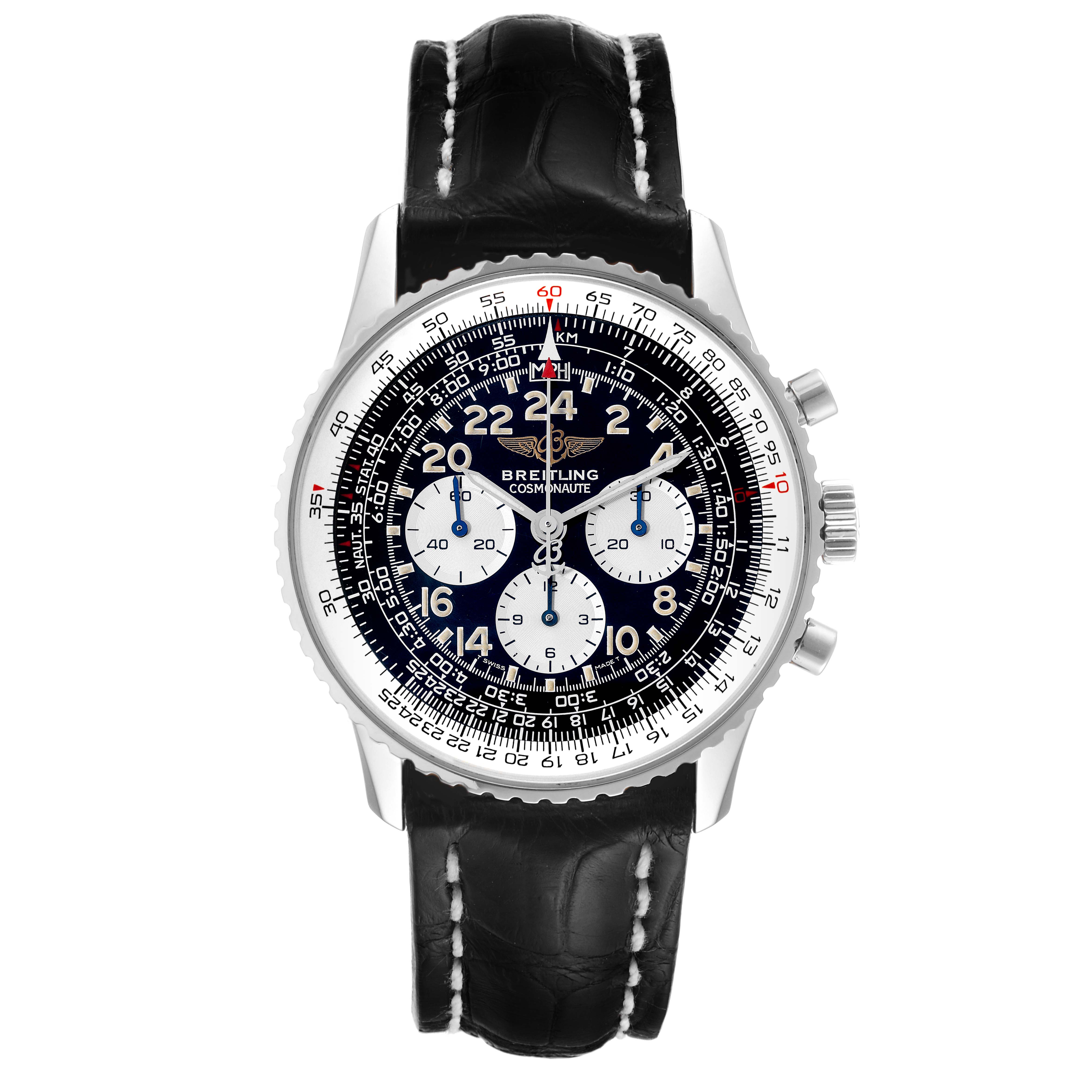 The Breitling Navitimer A12322 Men
s Stainless Steel Black Dial A12322 Men
s Stainless Steel Black Dial watch is shown from a front angle, displaying its black dial, chronograph sub-dials, and black leather strap.