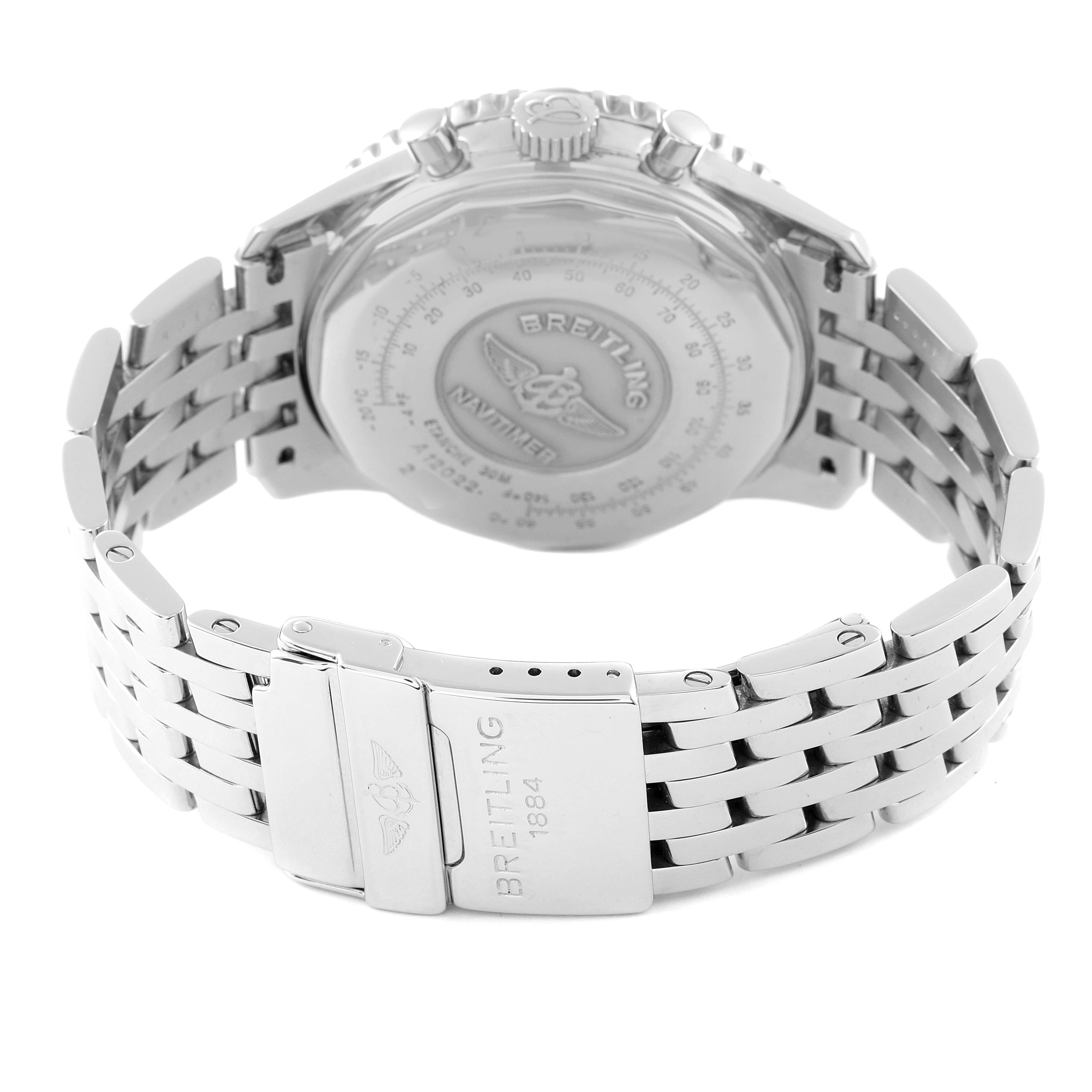 The image shows the back view of the Breitling Navitimer A12022 Men's Stainless Steel Blue Dial A12022 Men's Stainless Steel Blue Dial, highlighting its clasp, bracelet, and case back.