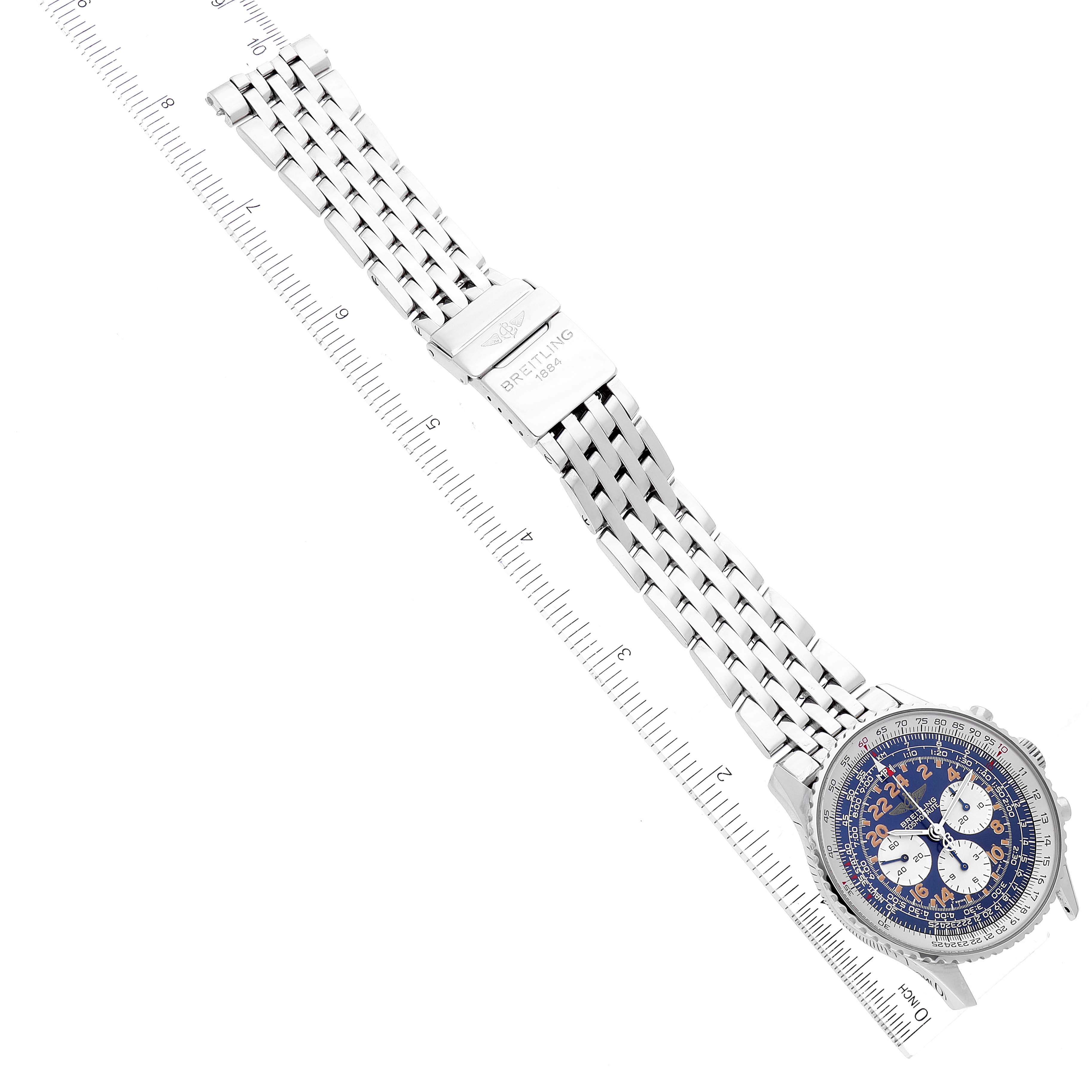 The Breitling Navitimer A12022 Men's Stainless Steel Blue Dial A12022 Men's Stainless Steel Blue Dial watch is shown flat with its face, bracelet, and clasp in view, aligned next to a ruler for size reference.