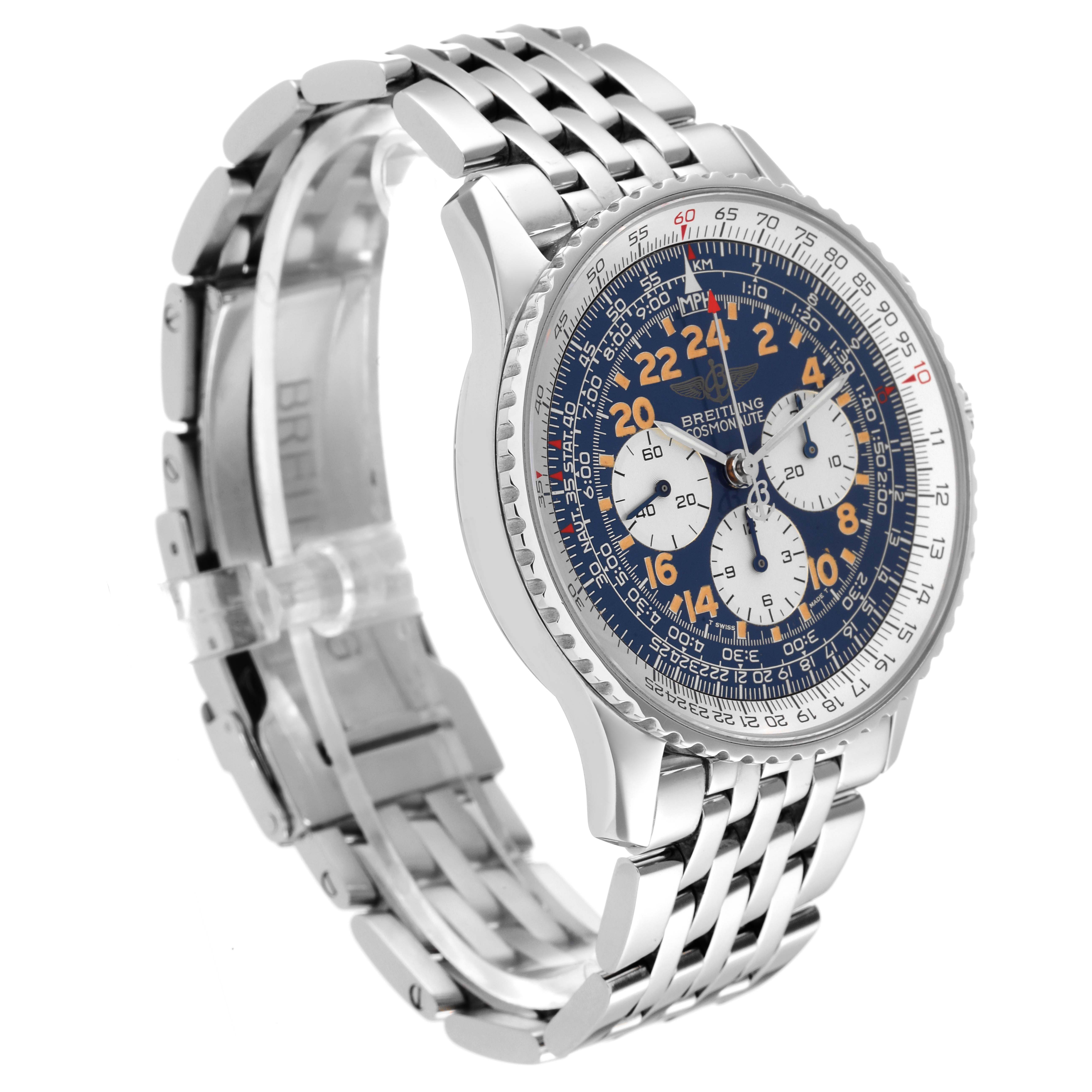 The image shows a Breitling Navitimer A12022 Men's Stainless Steel Blue Dial A12022 Men's Stainless Steel Blue Dial watch at a three-quarter angle, highlighting its bracelet, bezel, and detailed dial.