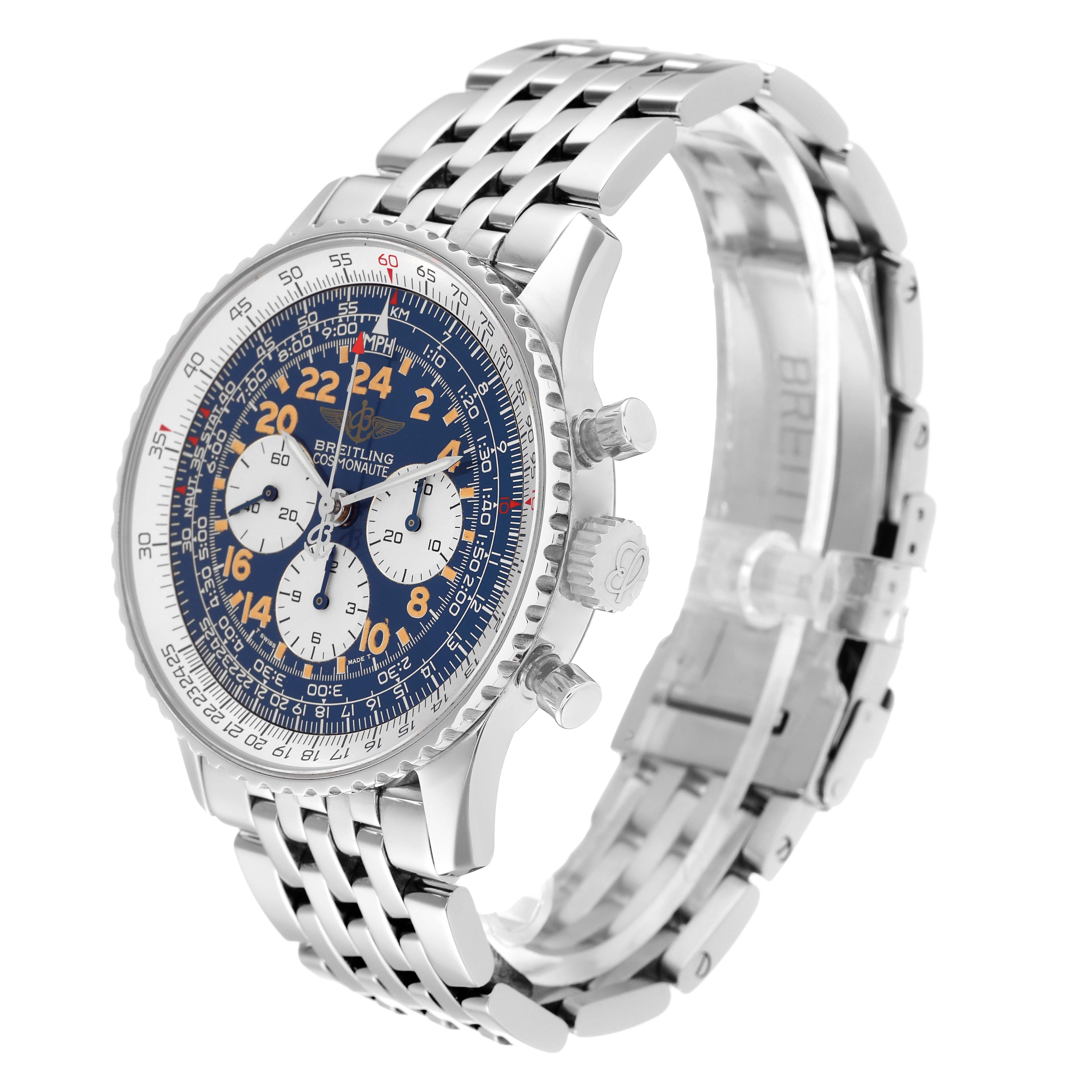 The Breitling Navitimer A12022 Men's Stainless Steel Blue Dial A12022 Men's Stainless Steel Blue Dial watch is shown at an angled side view, highlighting its dial, bezel, crown, pushers, and metal bracelet.