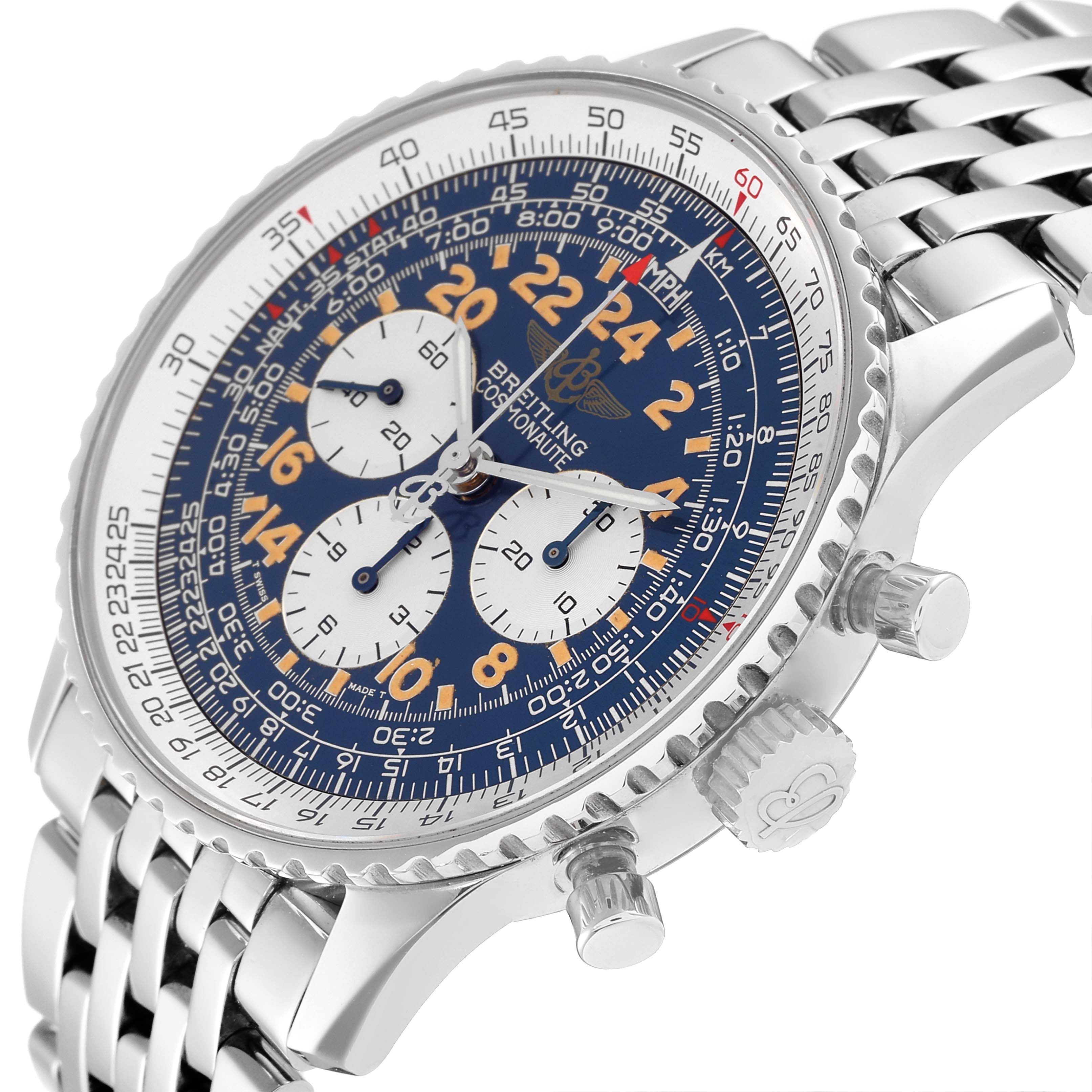 The image shows a side and angled view of a Breitling Navitimer A12022 Men's Stainless Steel Blue Dial A12022 Men's Stainless Steel Blue Dial watch, highlighting the bezel, dial, subdials, and crown.