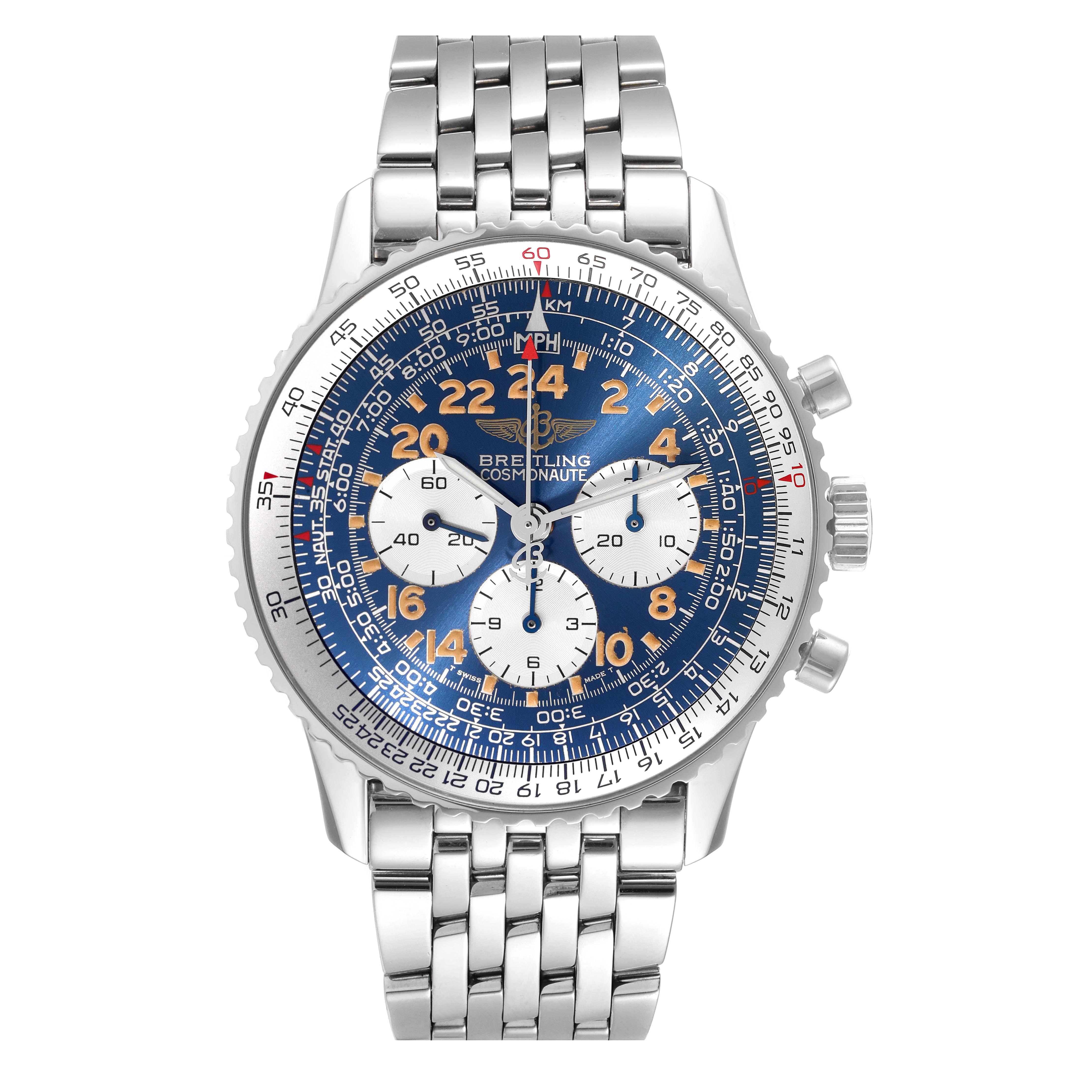 The image shows a front view of a Breitling Navitimer A12022 Men's Stainless Steel Blue Dial A12022 Men's Stainless Steel Blue Dial watch, highlighting its face, bezel, and metal bracelet.