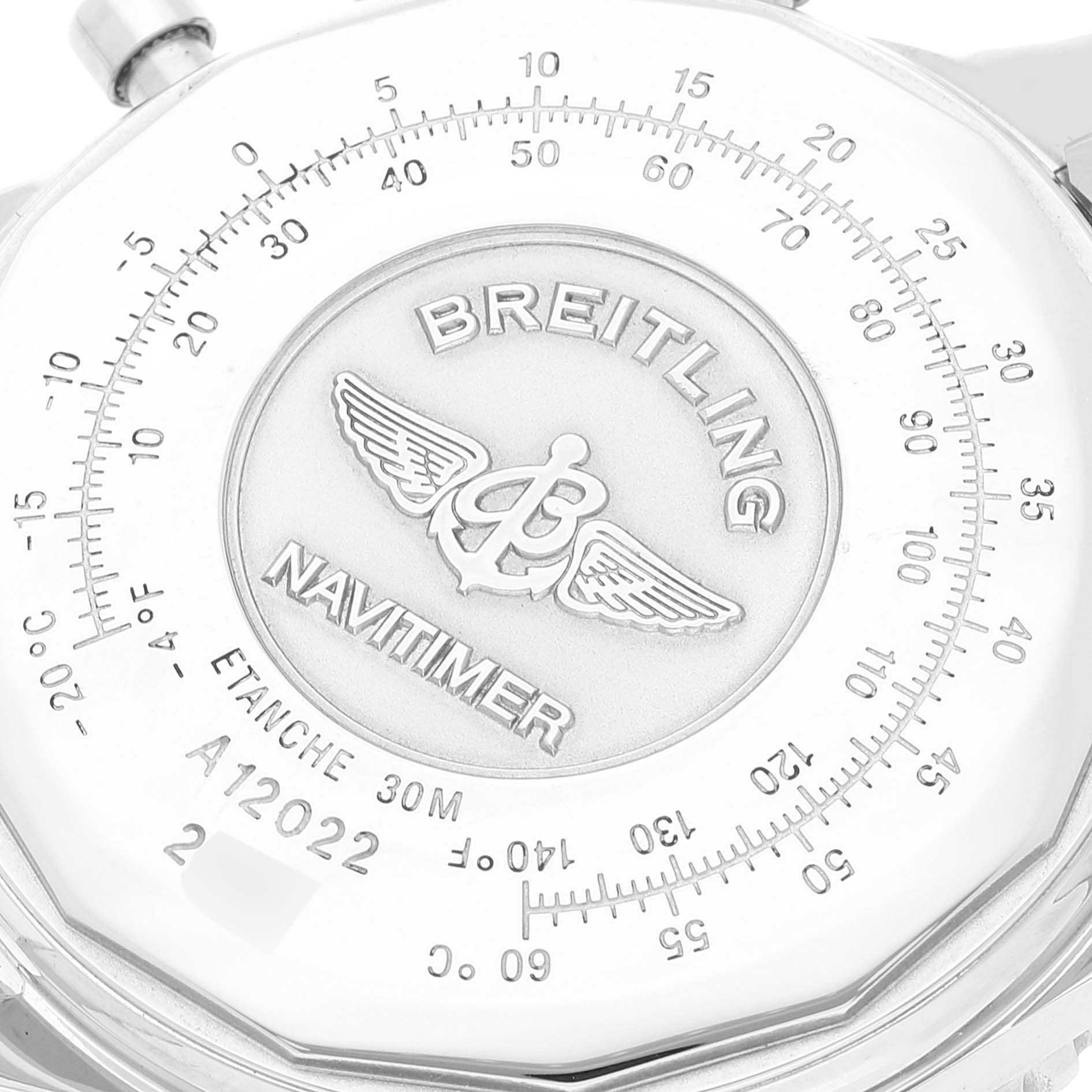 The image shows a close-up of the back of the Breitling Navitimer A12022 Men's Stainless Steel Blue Dial A12022 Men's Stainless Steel Blue Dial watch, highlighting its markings and engravings.