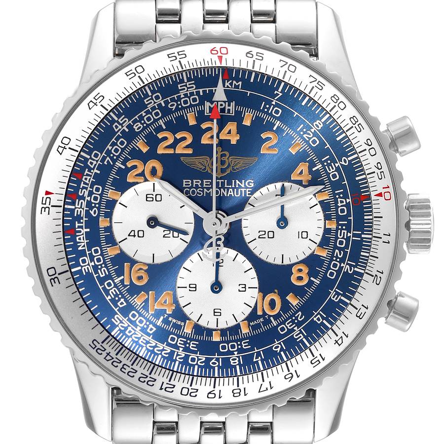 Breitling Navitimer Cosmonaute Blue Dial Chronograph Mens Watch A12022 Box Card SwissWatchExpo