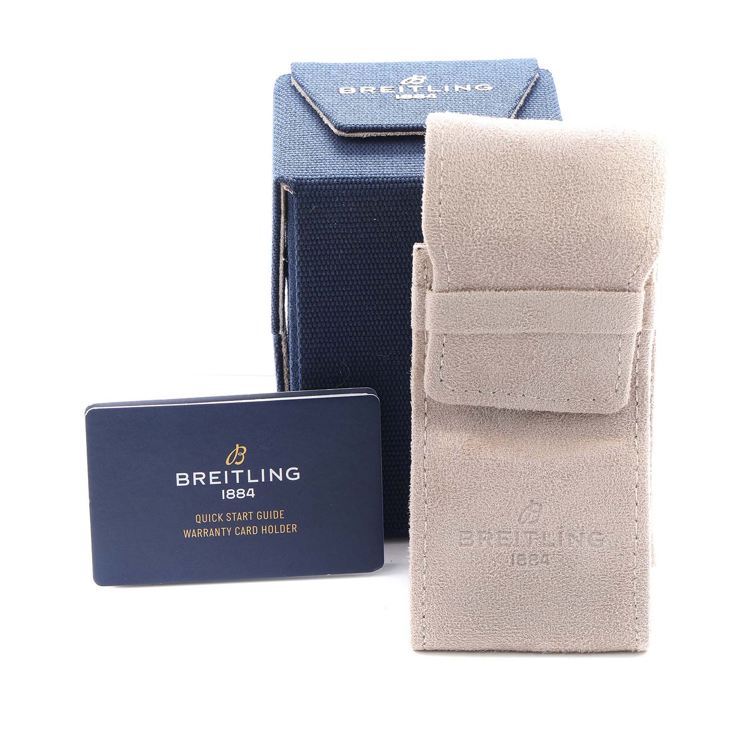 The image shows a Breitling Superocean U10340 Men
s Stainless Steel Blue Dial model
s accessories, including a warranty card holder, blue box, and beige pouch, front view.