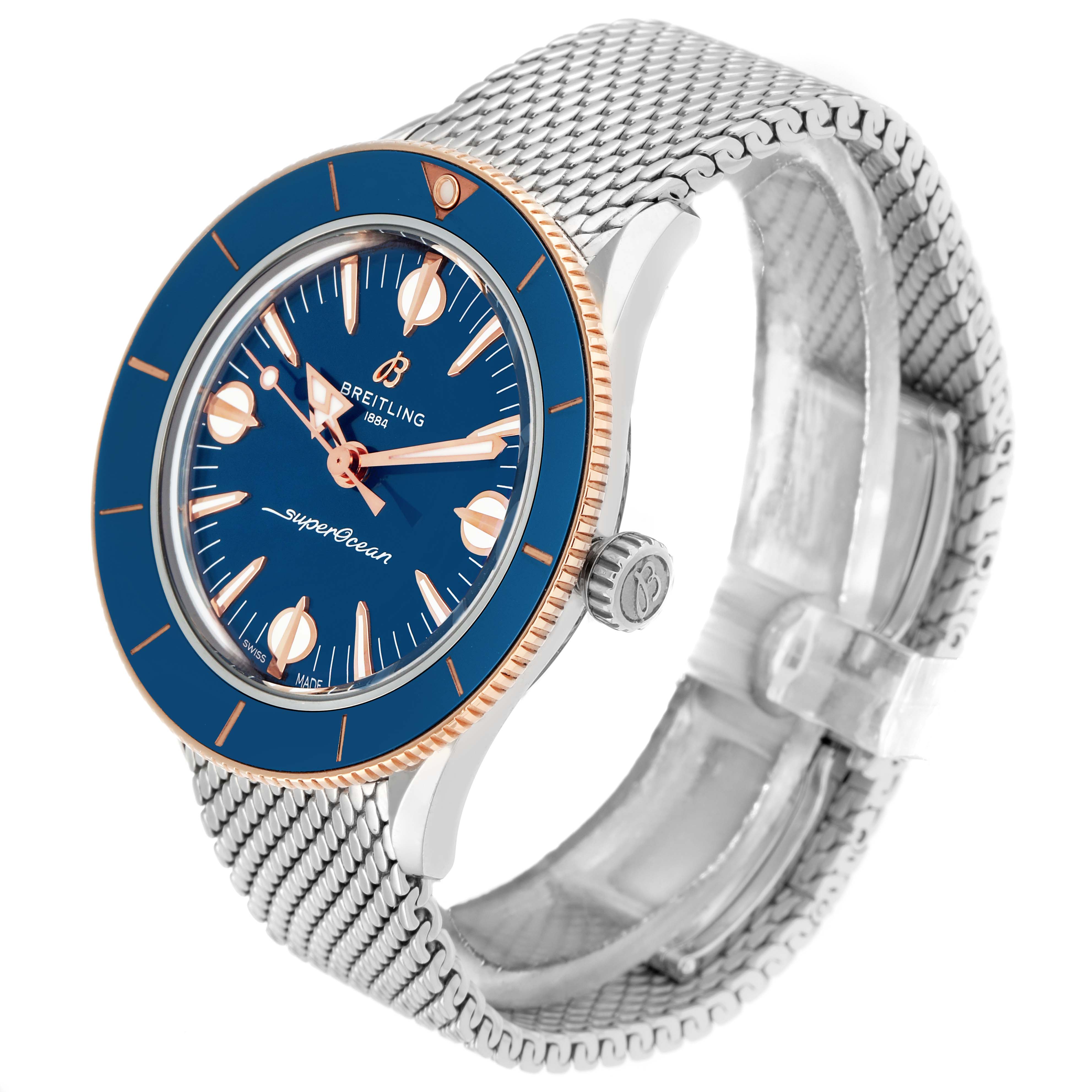The Breitling Superocean U10340 Men
s Stainless Steel Blue Dial watch is shown at a three-quarter angle, displaying the face, bezel, crown, and mesh bracelet.