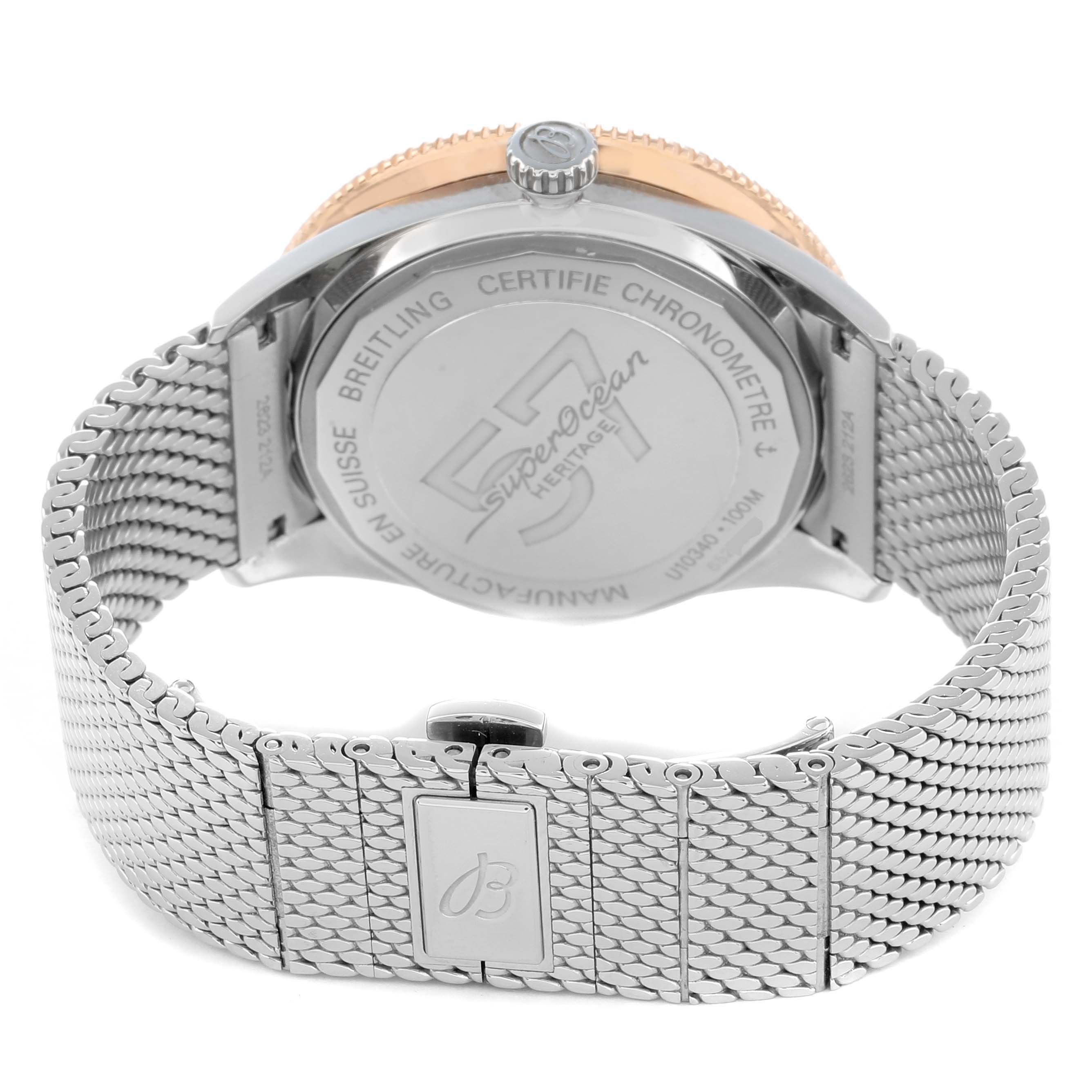 The image shows the back view of a Breitling Superocean U10340 Men
s Stainless Steel Blue Dial watch, highlighting the case back, crown, and metal bracelet.