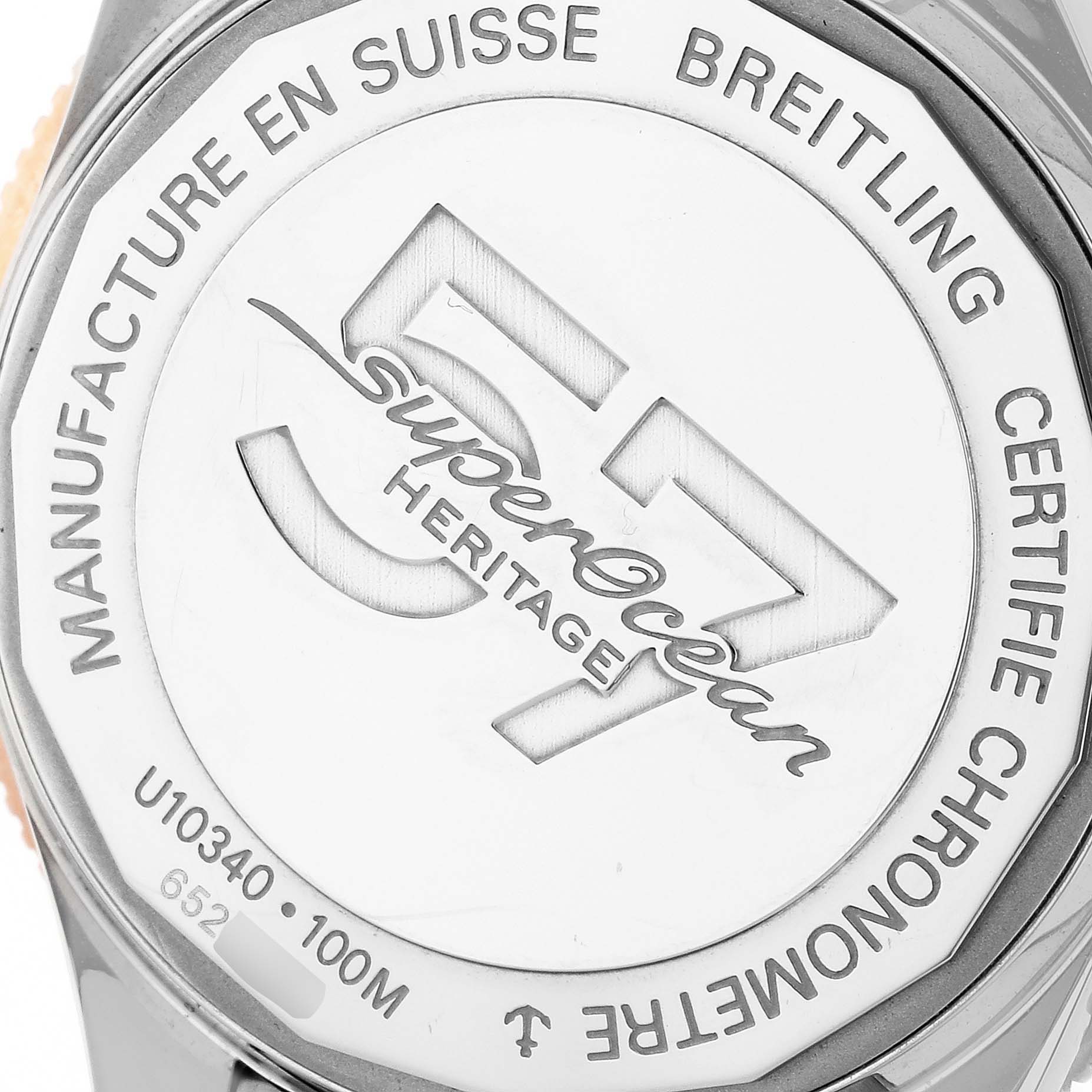 The image shows the back case of a Breitling Superocean U10340 Men
s Stainless Steel Blue Dial watch, highlighting its engraved details and model information.