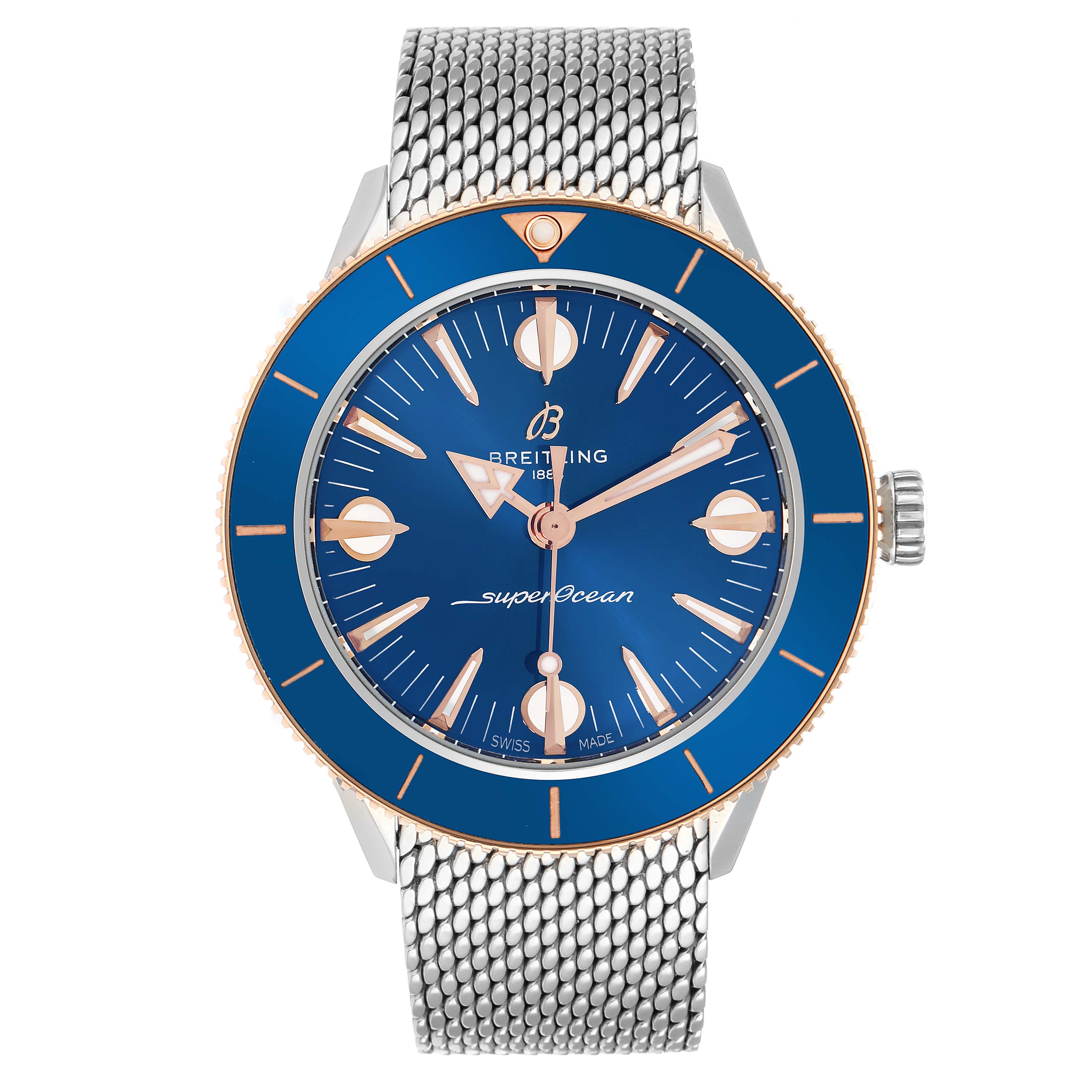 The Breitling Superocean U10340 Men
s Stainless Steel Blue Dial watch is shown from a front angle, highlighting its blue dial, bezel, and mesh strap.