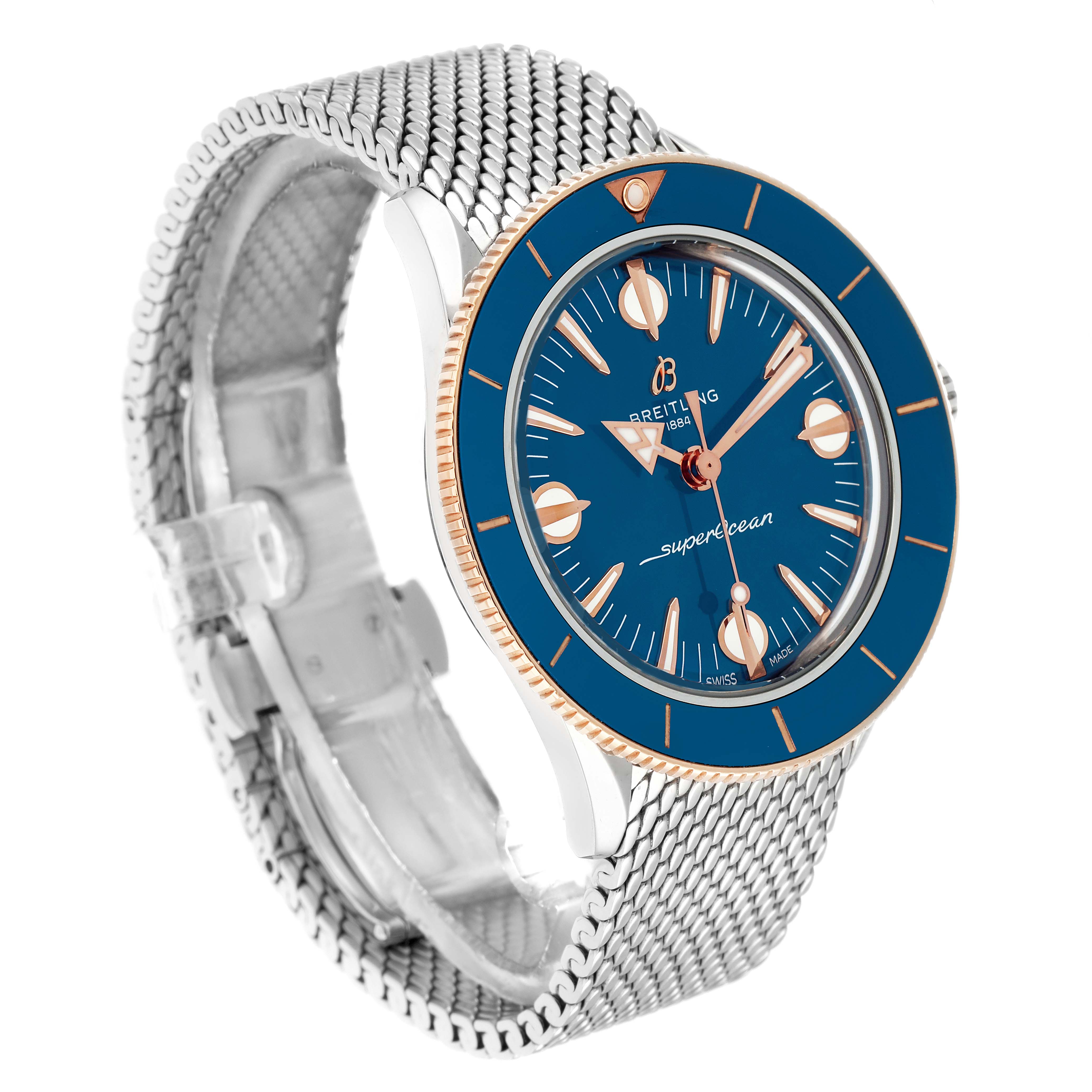 The Breitling Superocean U10340 Men
s Stainless Steel Blue Dial watch is shown at a three-quarter angle, highlighting the face, bezel, and mesh bracelet.