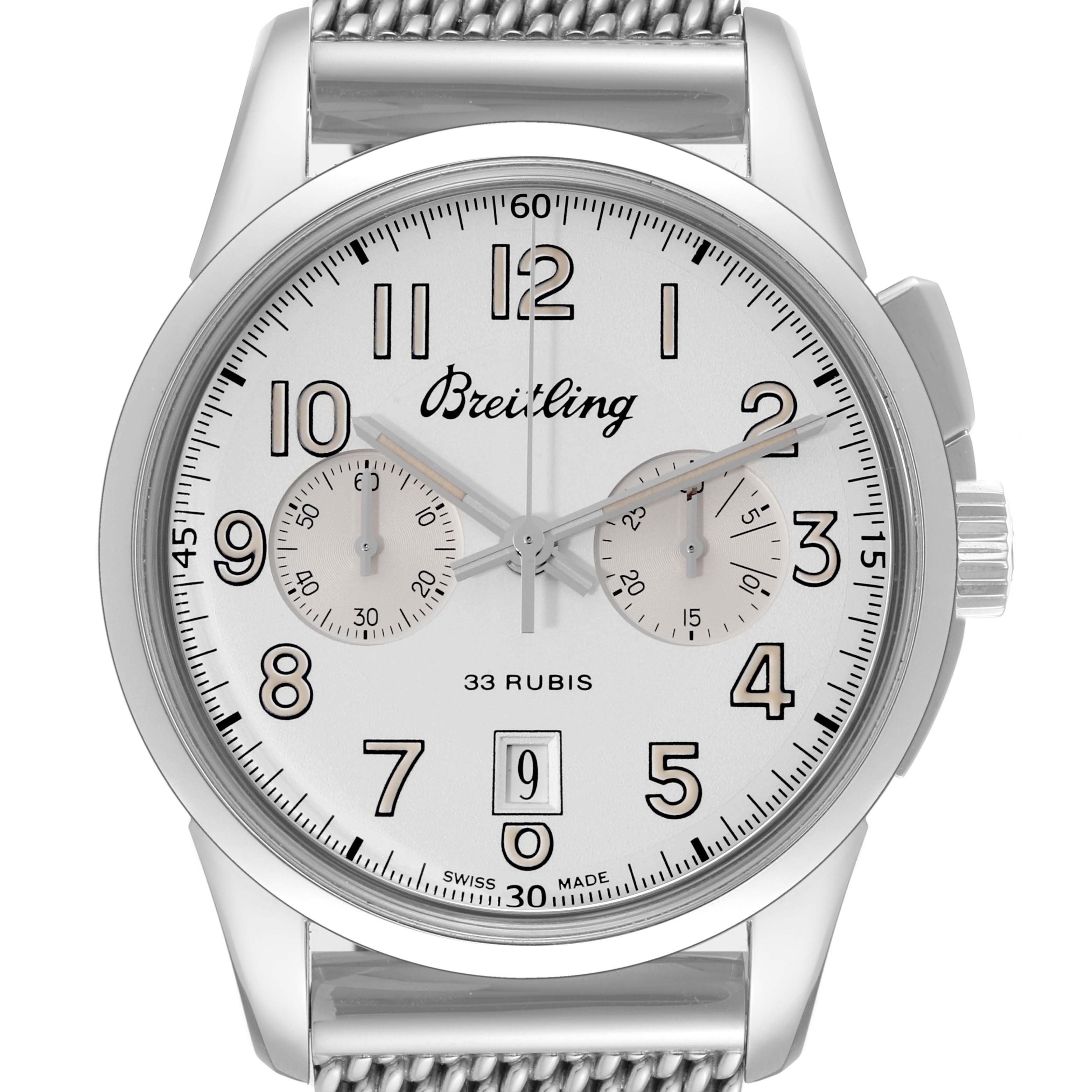 The image shows a front view of the Breitling Transocean AB141112/G799-154A Men's Stainless Steel Silver Dial AB141112/G799-154A Men's Stainless Steel Silver Dial watch, highlighting its dial, numerals, sub-dials, and date window.