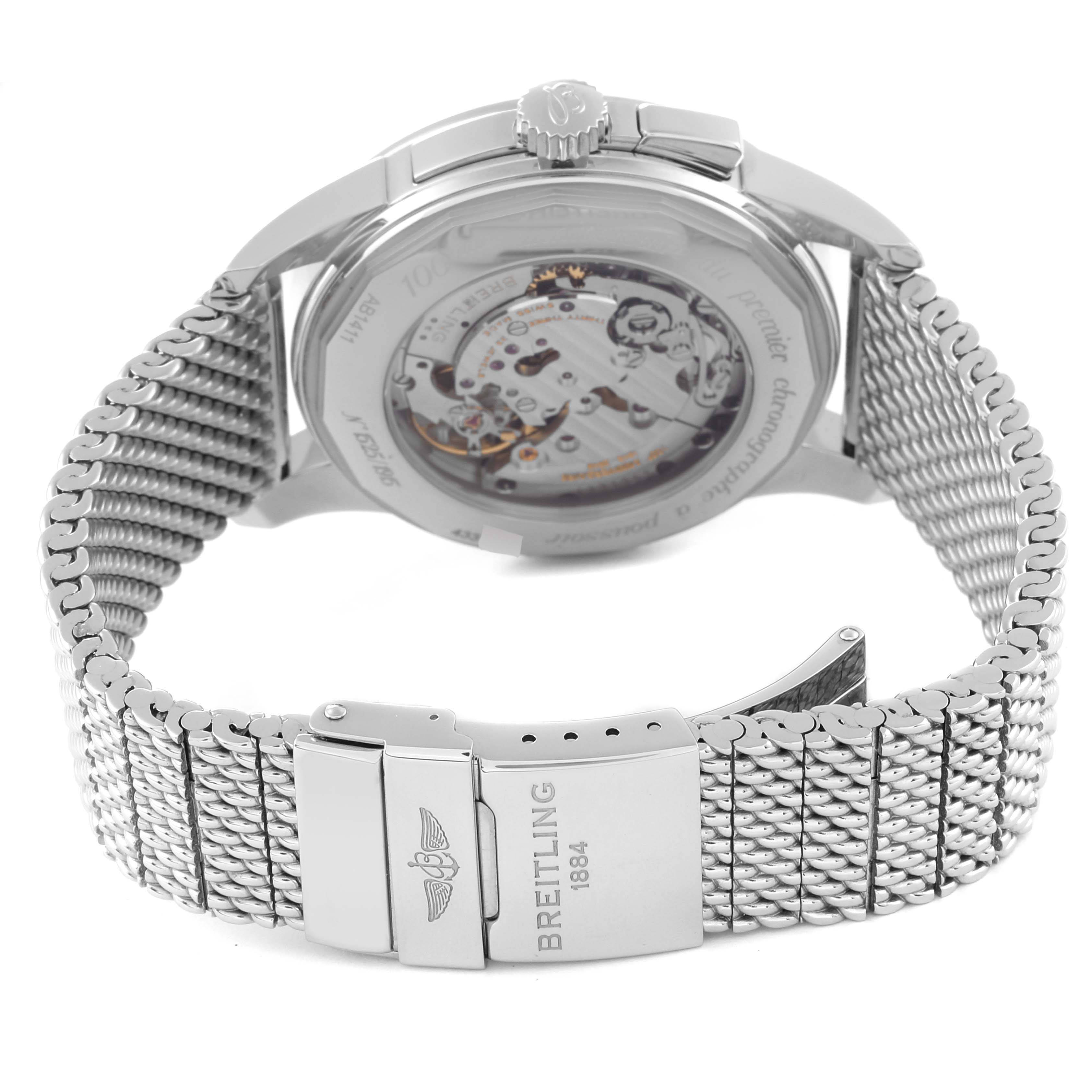 The image shows the back view of the Breitling Transocean AB141112/G799-154A Men's Stainless Steel Silver Dial AB141112/G799-154A Men's Stainless Steel Silver Dial watch, highlighting the movement and the mesh bracelet with the clasp.
