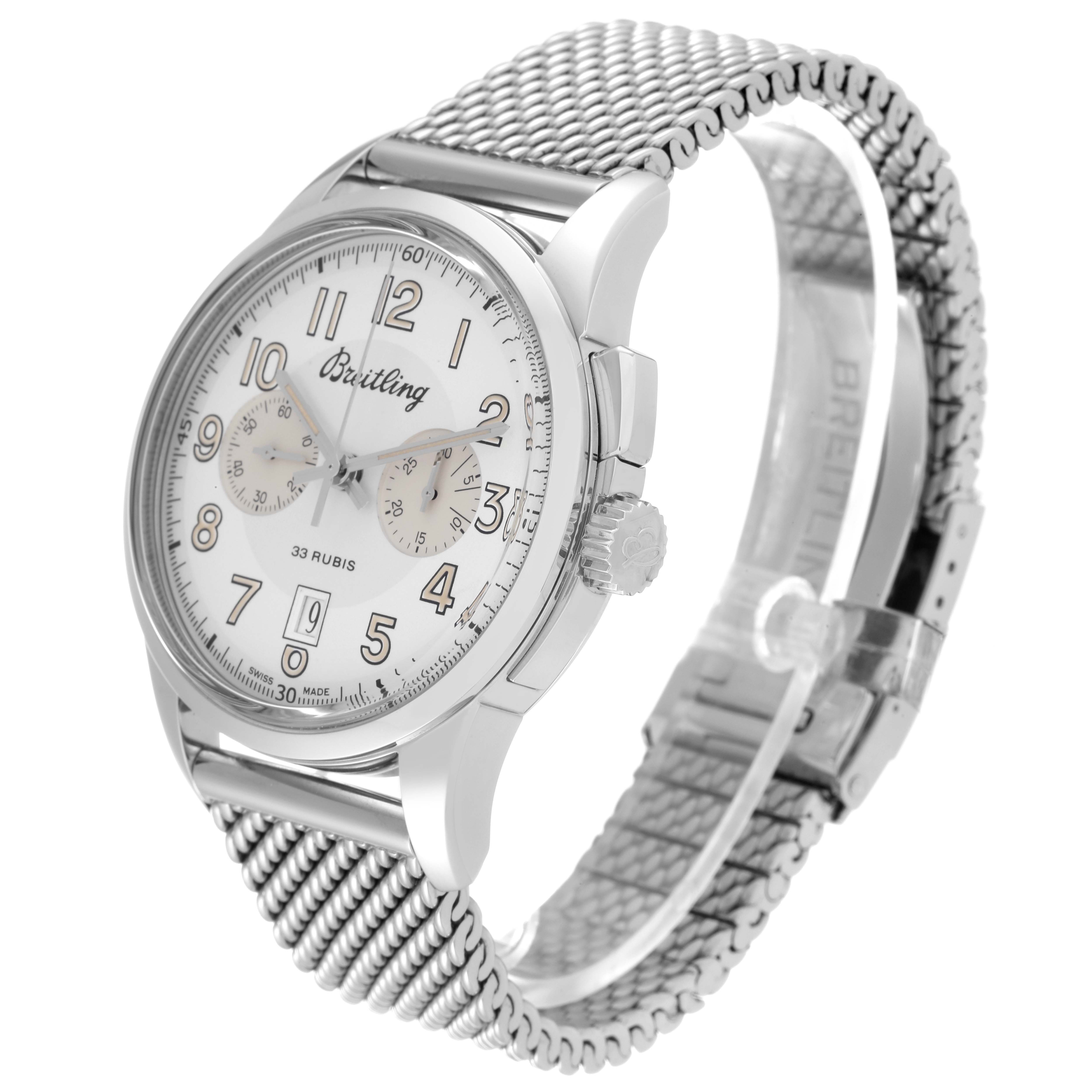 This image shows the dial, crown, and side profile of a Breitling Transocean AB141112/G799-154A Men's Stainless Steel Silver Dial AB141112/G799-154A Men's Stainless Steel Silver Dial watch with a mesh bracelet.