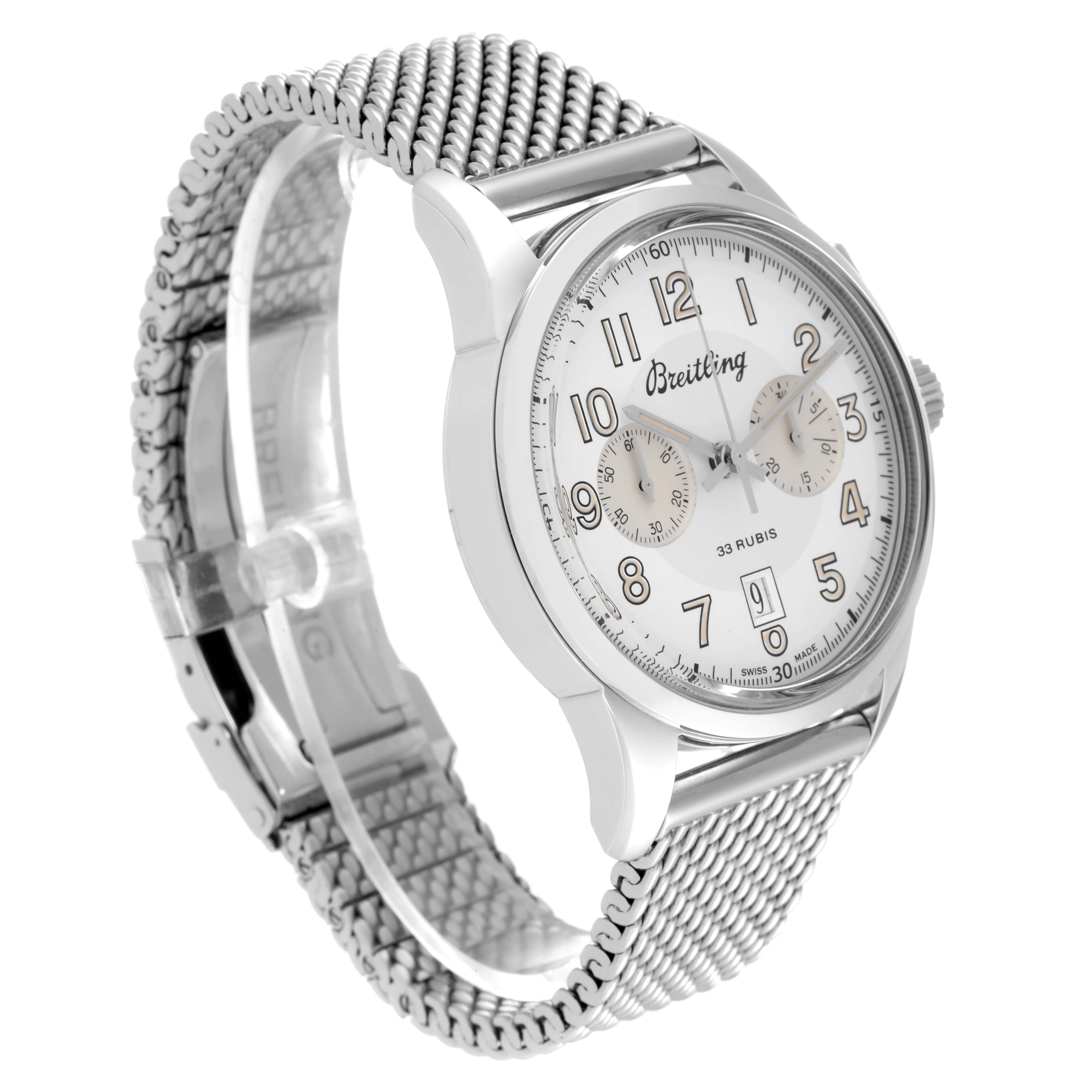 The image shows a side angle of the Breitling Transocean AB141112/G799-154A Men's Stainless Steel Silver Dial AB141112/G799-154A Men's Stainless Steel Silver Dial watch, highlighting its mesh band, face, and clasp.