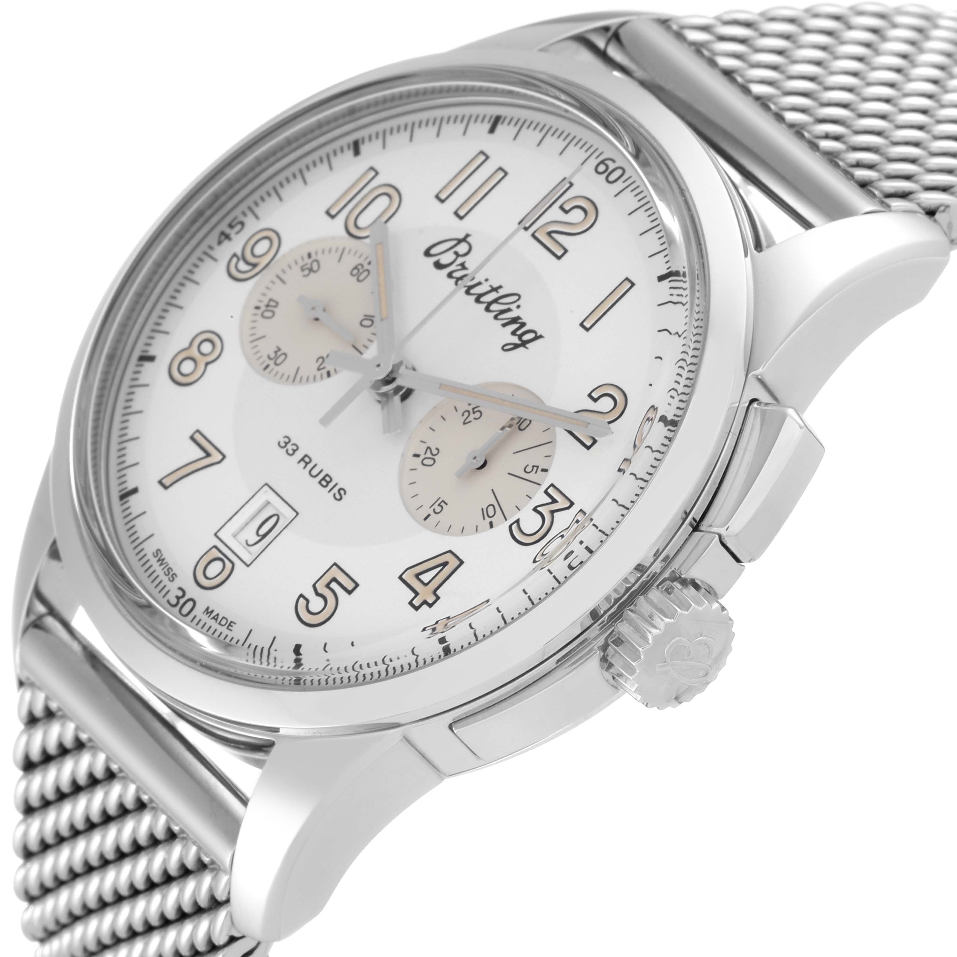 The image shows a side angle of the Breitling Transocean AB141112/G799-154A Men's Stainless Steel Silver Dial AB141112/G799-154A Men's Stainless Steel Silver Dial watch, highlighting its dial, crown, and metal mesh strap.