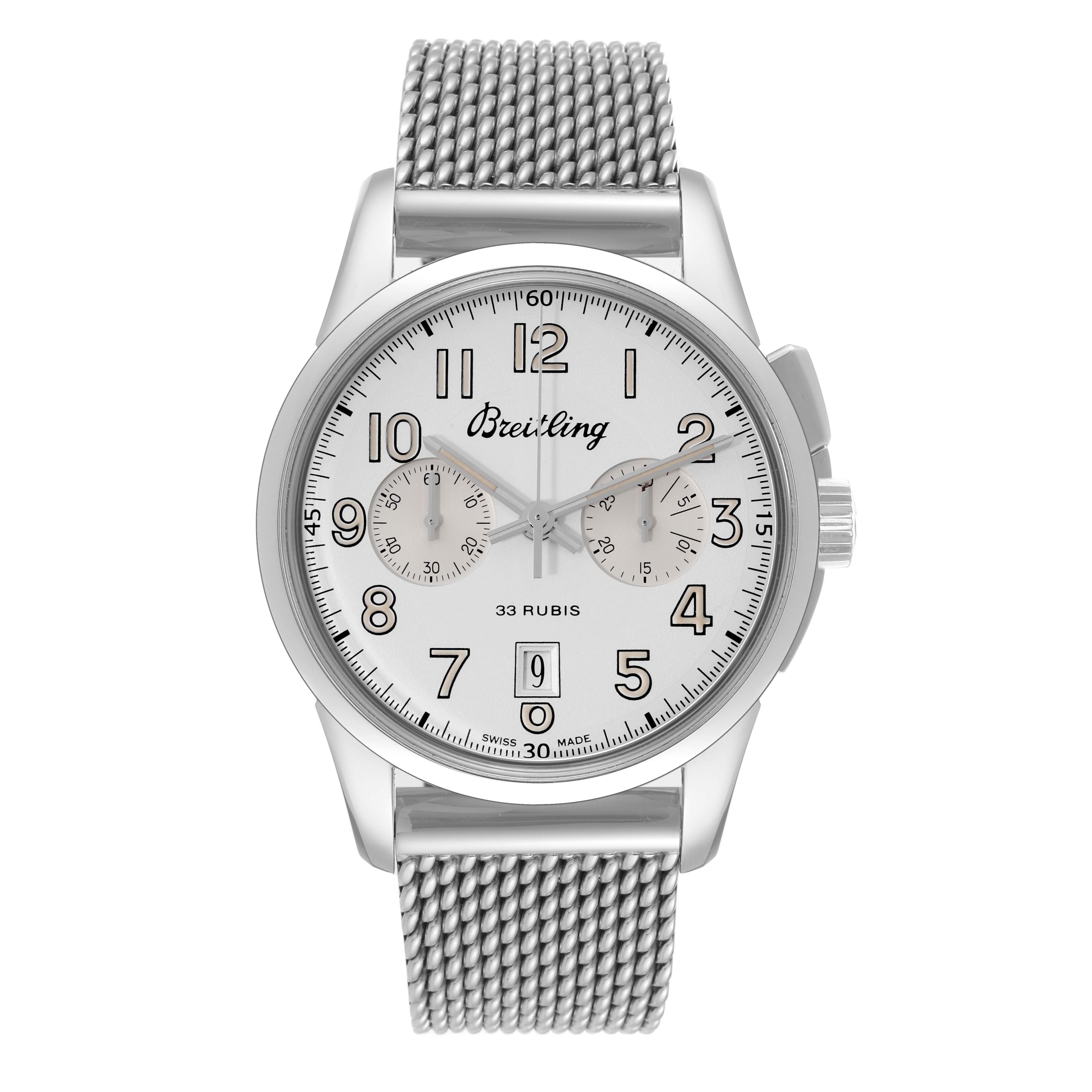 The image shows a front view of the Breitling Transocean AB141112/G799-154A Men's Stainless Steel Silver Dial AB141112/G799-154A Men's Stainless Steel Silver Dial watch, highlighting its dial, case, and mesh bracelet.