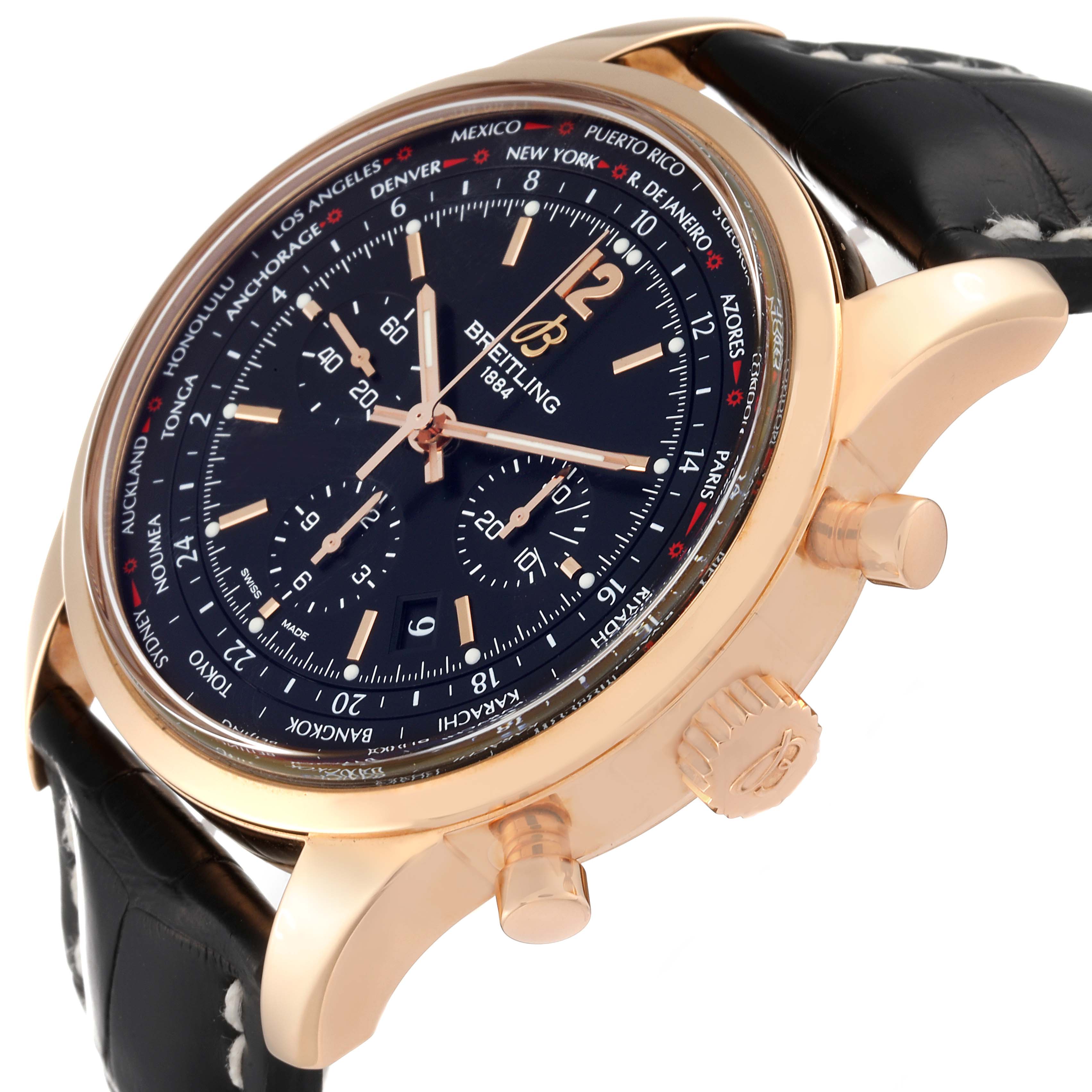 The image shows a side angle of the Breitling Transocean RB0510 Men's Rose Gold Black Dial RB0510 Men's Rose Gold Black Dial watch, highlighting the face, case, crown, and leather strap.