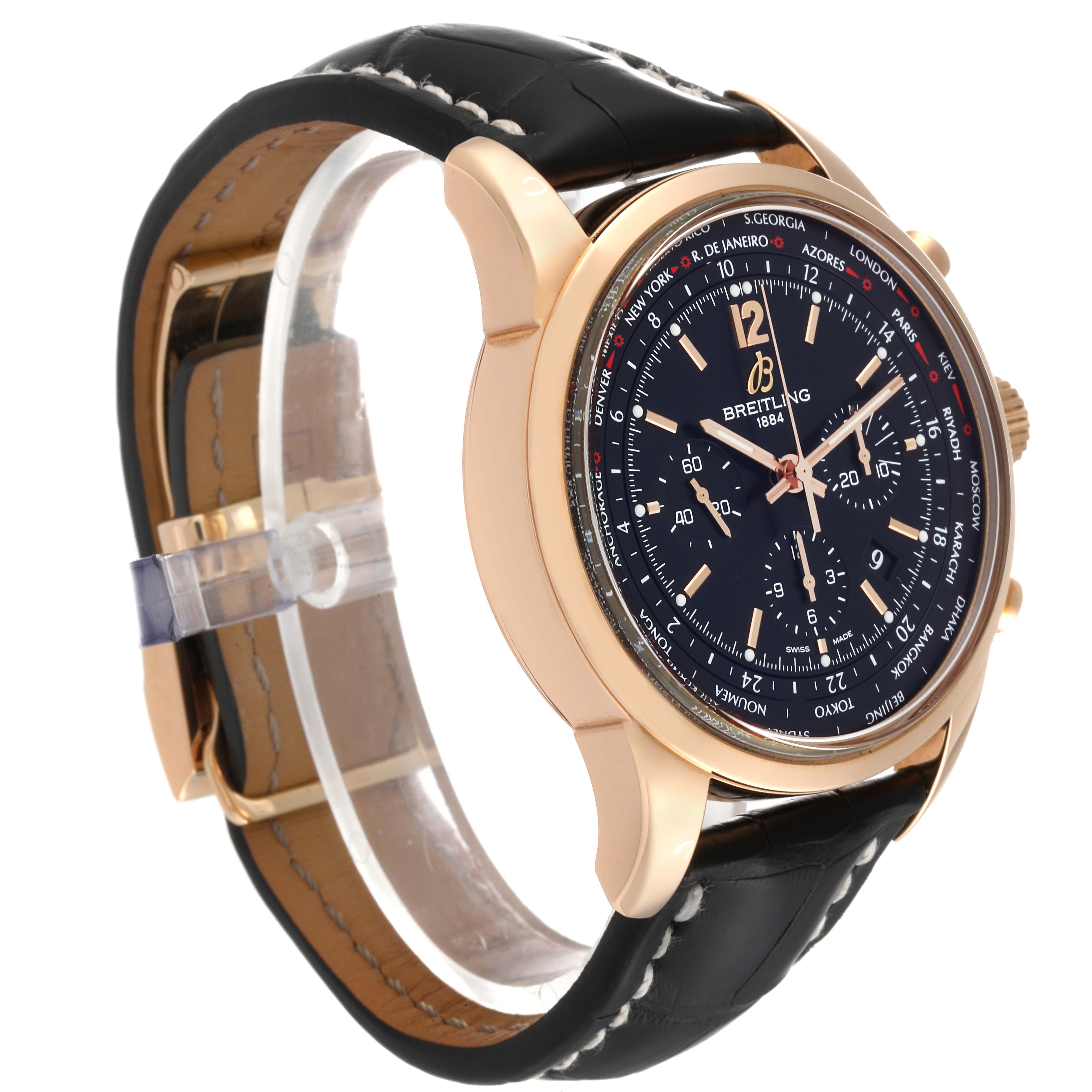 The image shows a side view of a Breitling Transocean RB0510 Men's Rose Gold Black Dial RB0510 Men's Rose Gold Black Dial watch, highlighting its dial, case, and leather strap.