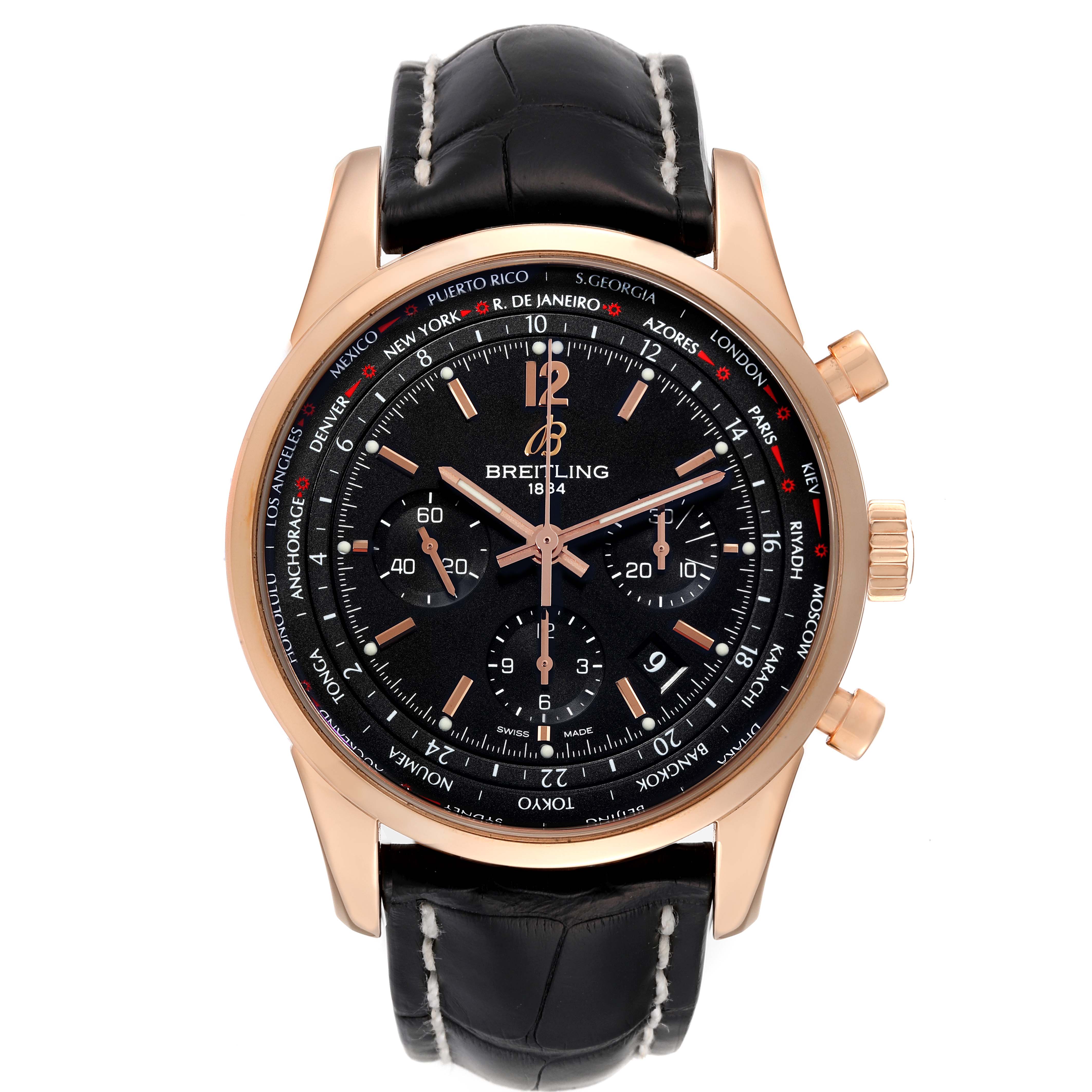 The image shows a front view of the Breitling Transocean RB0510 Men's Rose Gold Black Dial RB0510 Men's Rose Gold Black Dial watch displaying its dial, bezel, and leather strap.