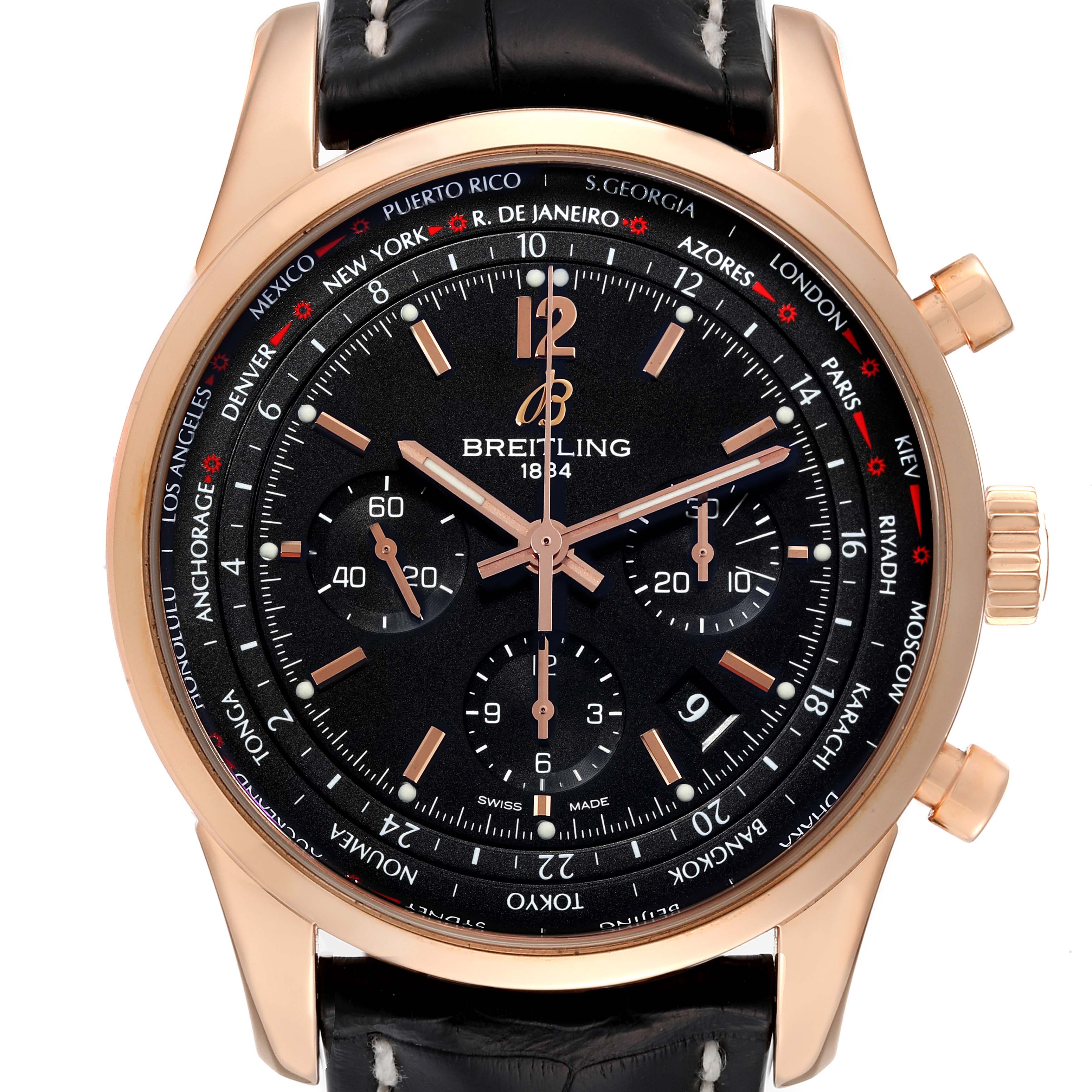 The image shows a frontal view of the Breitling Transocean RB0510 Men's Rose Gold Black Dial RB0510 Men's Rose Gold Black Dial watch, highlighting its black dial, gold accents, and leather strap.