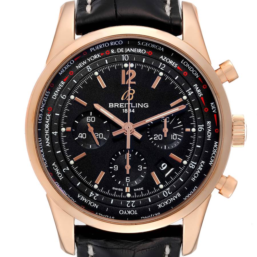 Breitling Transocean Black Dial Rose Gold Mens Watch RB0510 Box Papers SwissWatchExpo