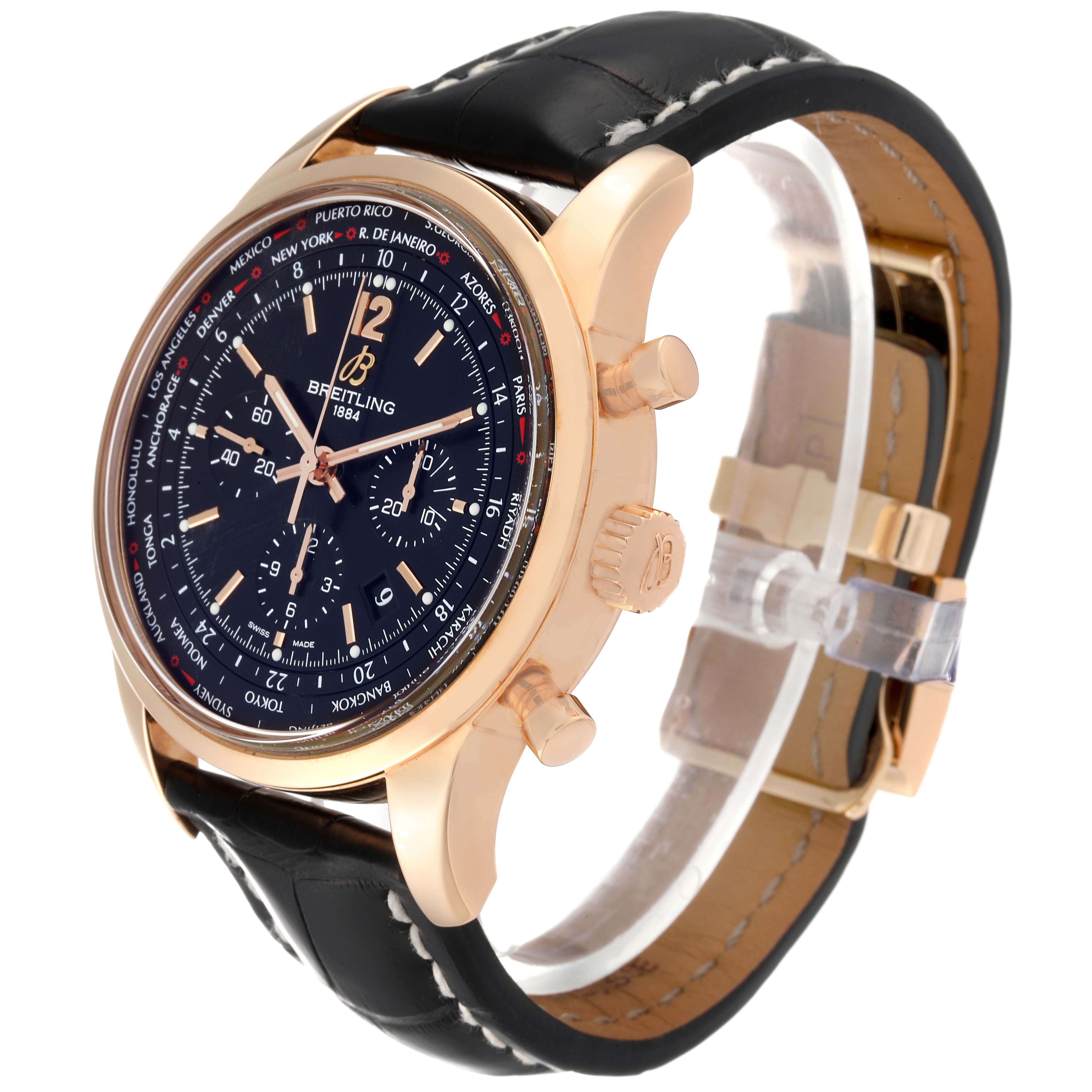The image shows a side angle of the Breitling Transocean RB0510 Men's Rose Gold Black Dial RB0510 Men's Rose Gold Black Dial watch, highlighting its dial, crown, chronograph pushers, and leather strap.