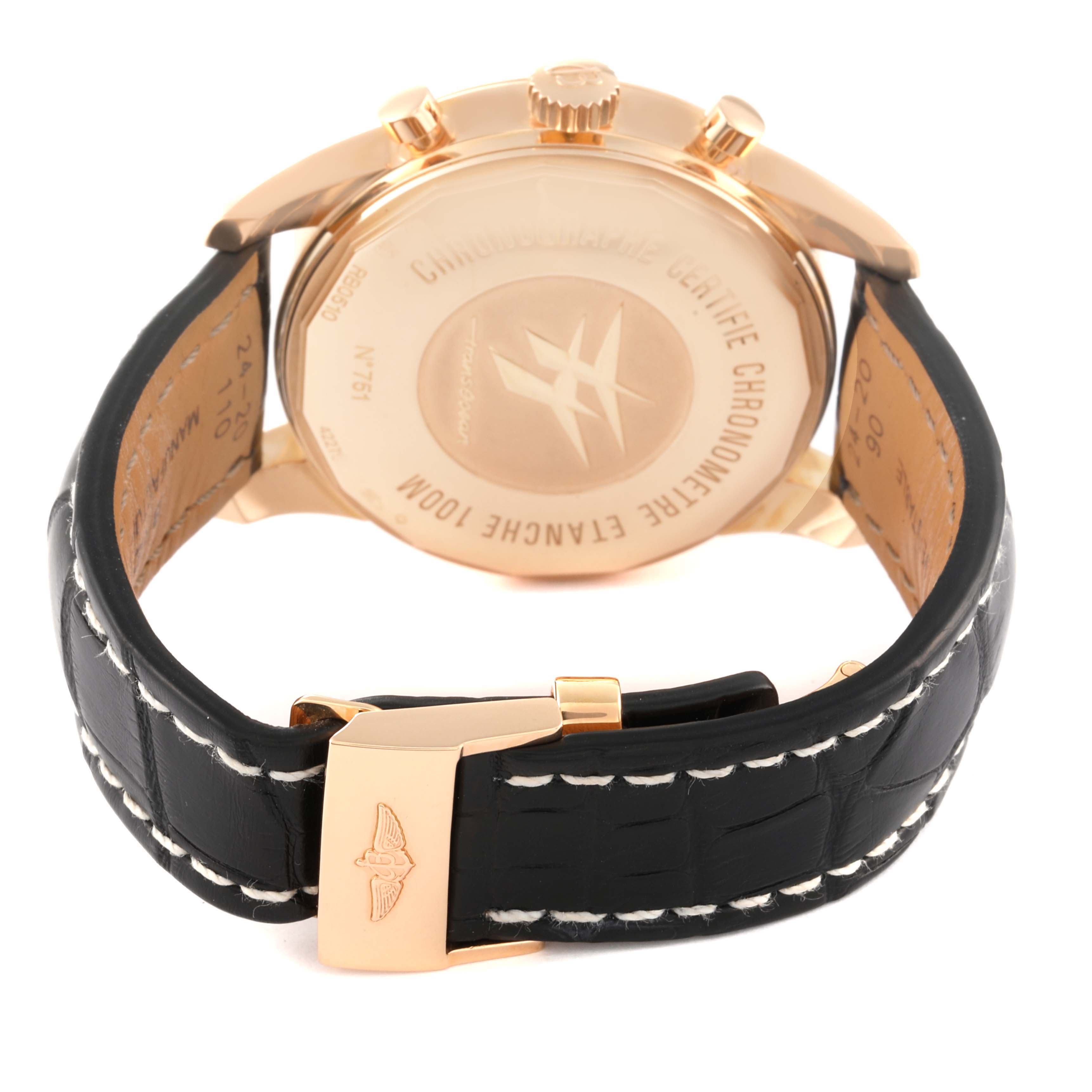 The image shows the back and clasp of a Breitling Transocean RB0510 Men's Rose Gold Black Dial RB0510 Men's Rose Gold Black Dial watch, highlighting the leather strap and engraved case back.