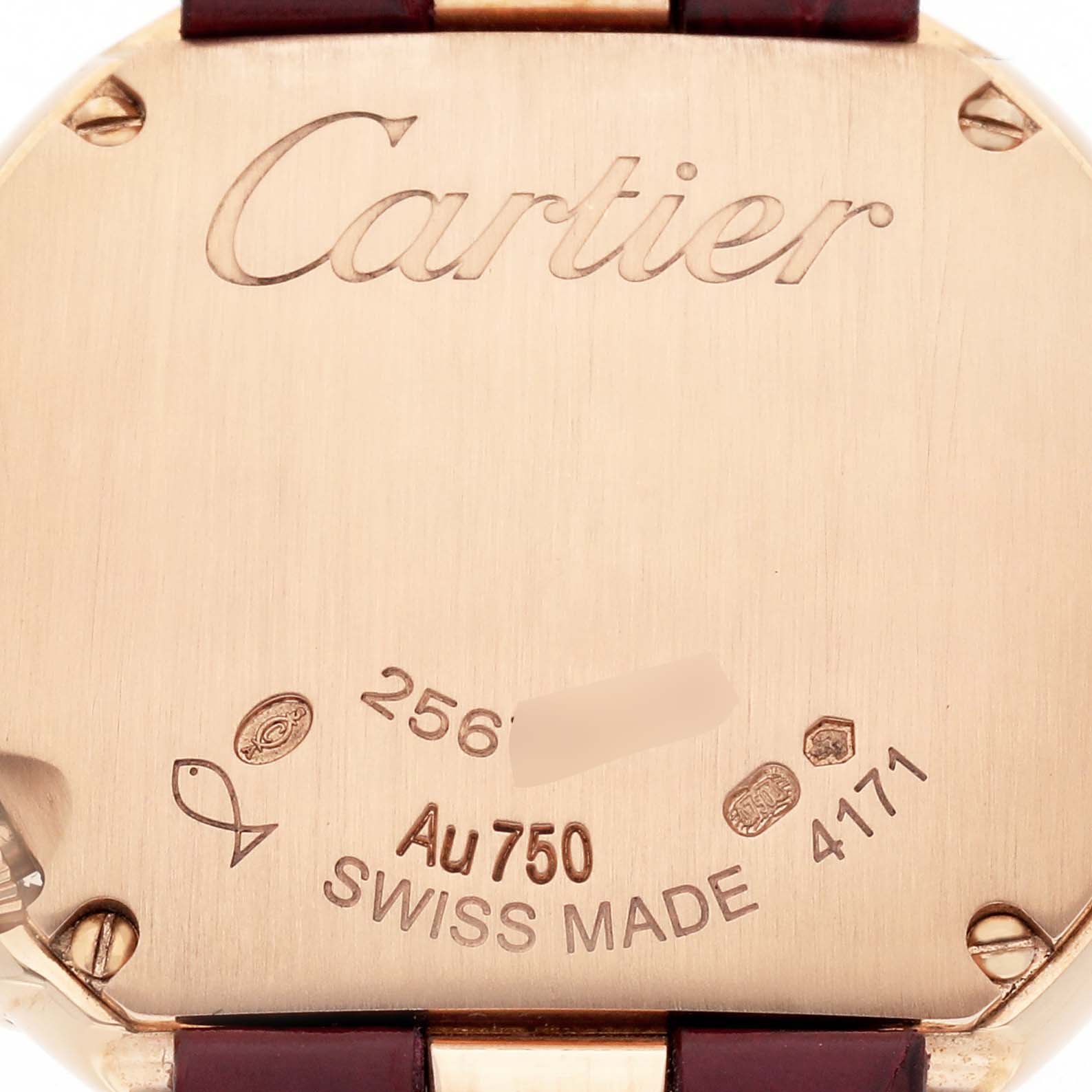The image shows the back of the Cartier Ballon Blanc WJBL0005 Women's Rose Gold Silver Dial watch, highlighting engravings and hallmarks.