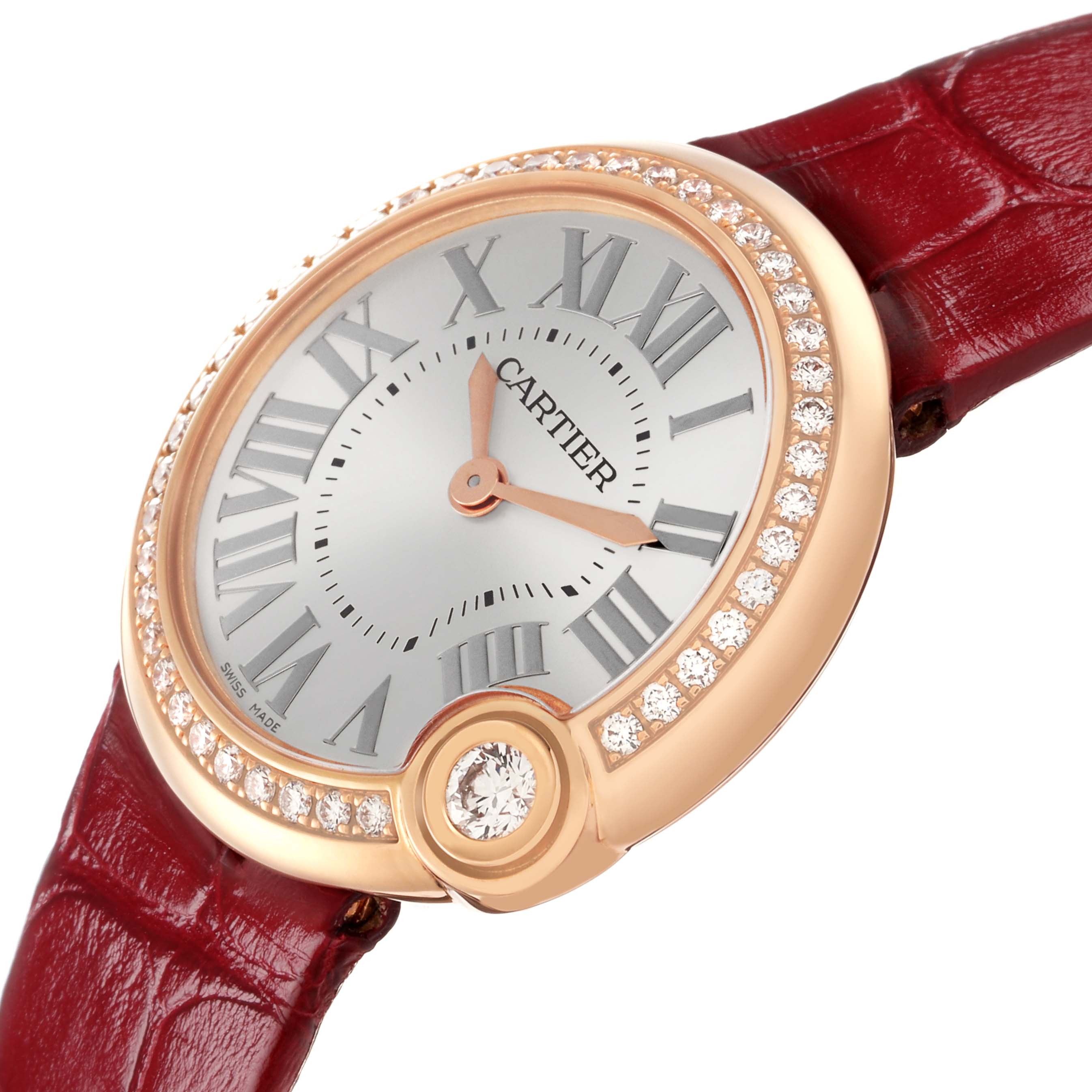 The Cartier Ballon Blanc WJBL0005 Women's Rose Gold Silver Dial watch is shown in a side angle, highlighting its diamond bezel, Roman numerals, and red strap.