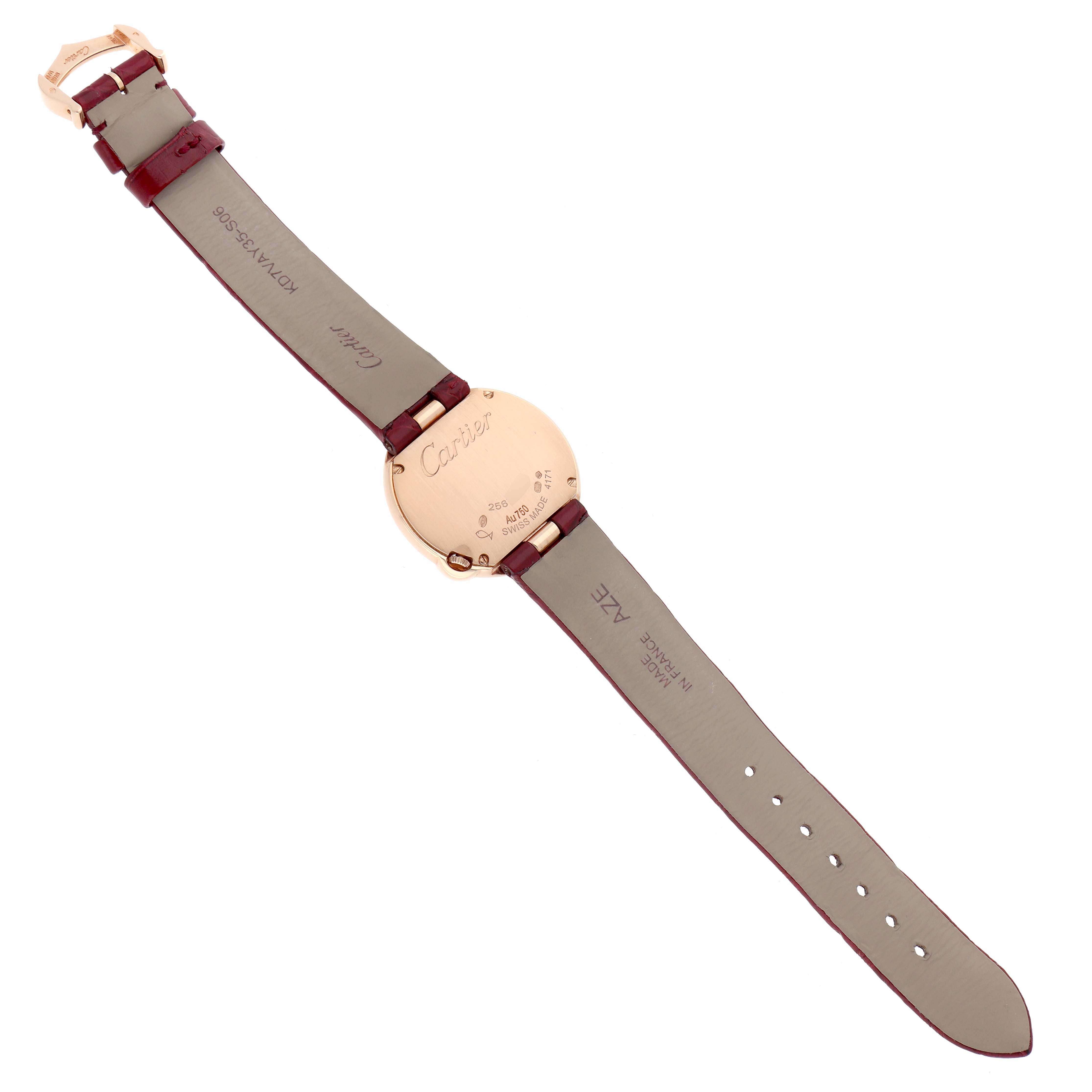 The Cartier Ballon Blanc WJBL0005 Women's Rose Gold Silver Dial watch is shown from the back, displaying the caseback, strap, and buckle.