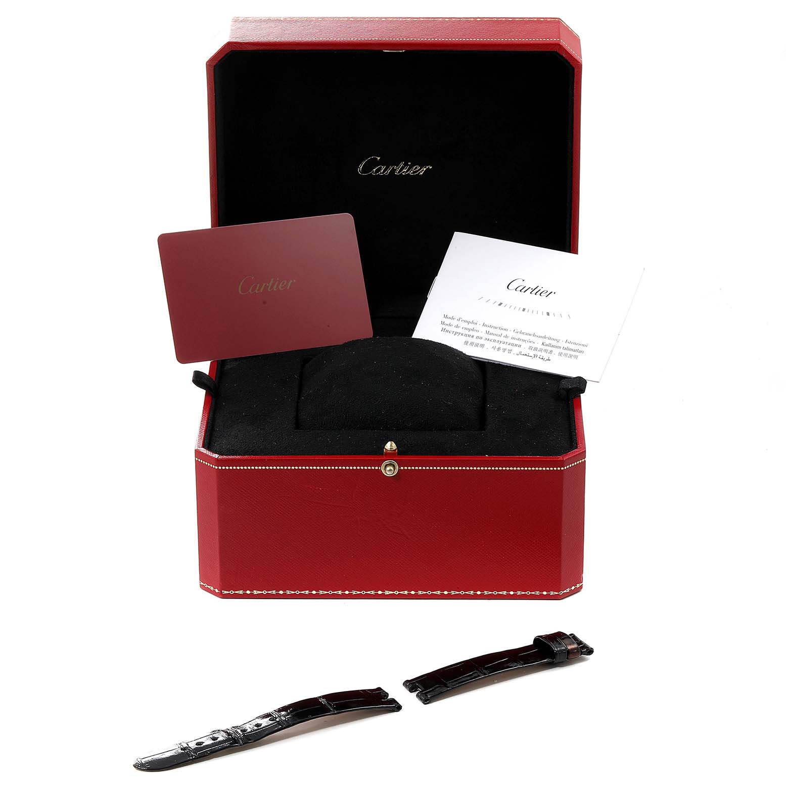 The image shows a Cartier Ballon Bleu watch box with two straps, warranty cards, and instruction manual, taken from a front angle.