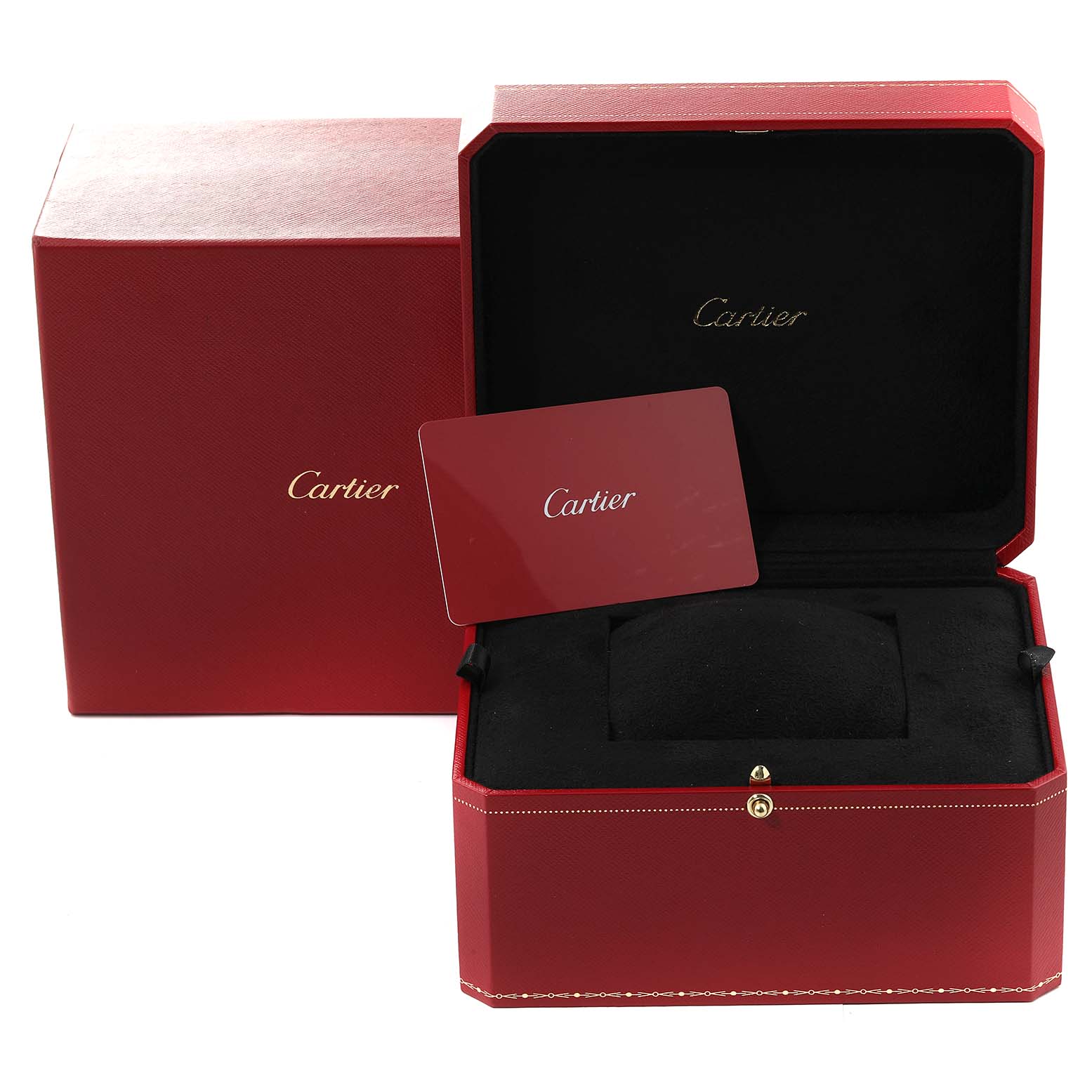 The image shows a red Cartier Ballon Bleu WE902025 Women's Rose Gold Silver Dial WE902025 Women's Rose Gold Silver Dial watch box, an outer box, and a red card with the Cartier logo.