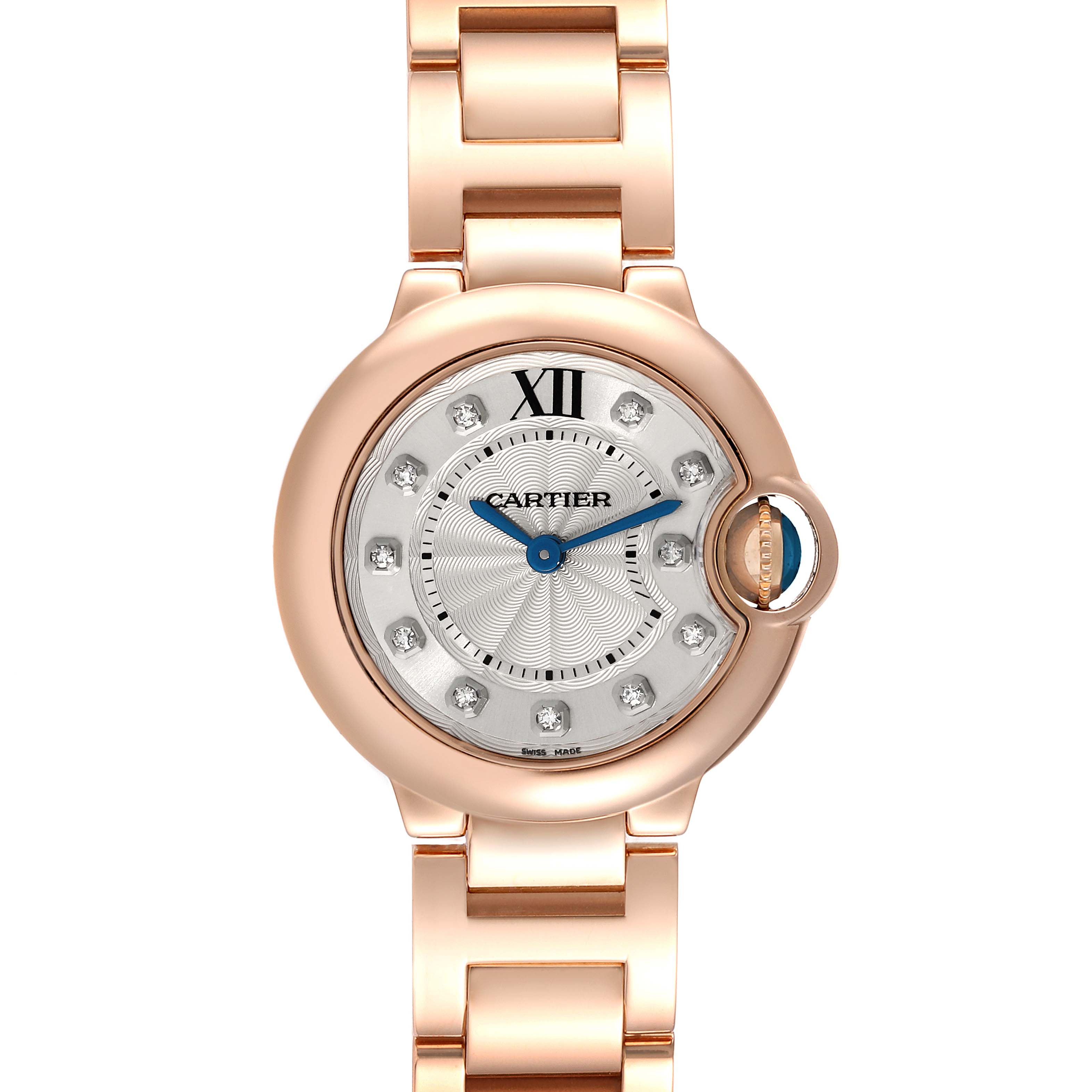 This image shows a front view of the Cartier Ballon Bleu WE902025 Women's Rose Gold Silver Dial WE902025 Women's Rose Gold Silver Dial watch, featuring its dial, bracelet, and signature crown detail.