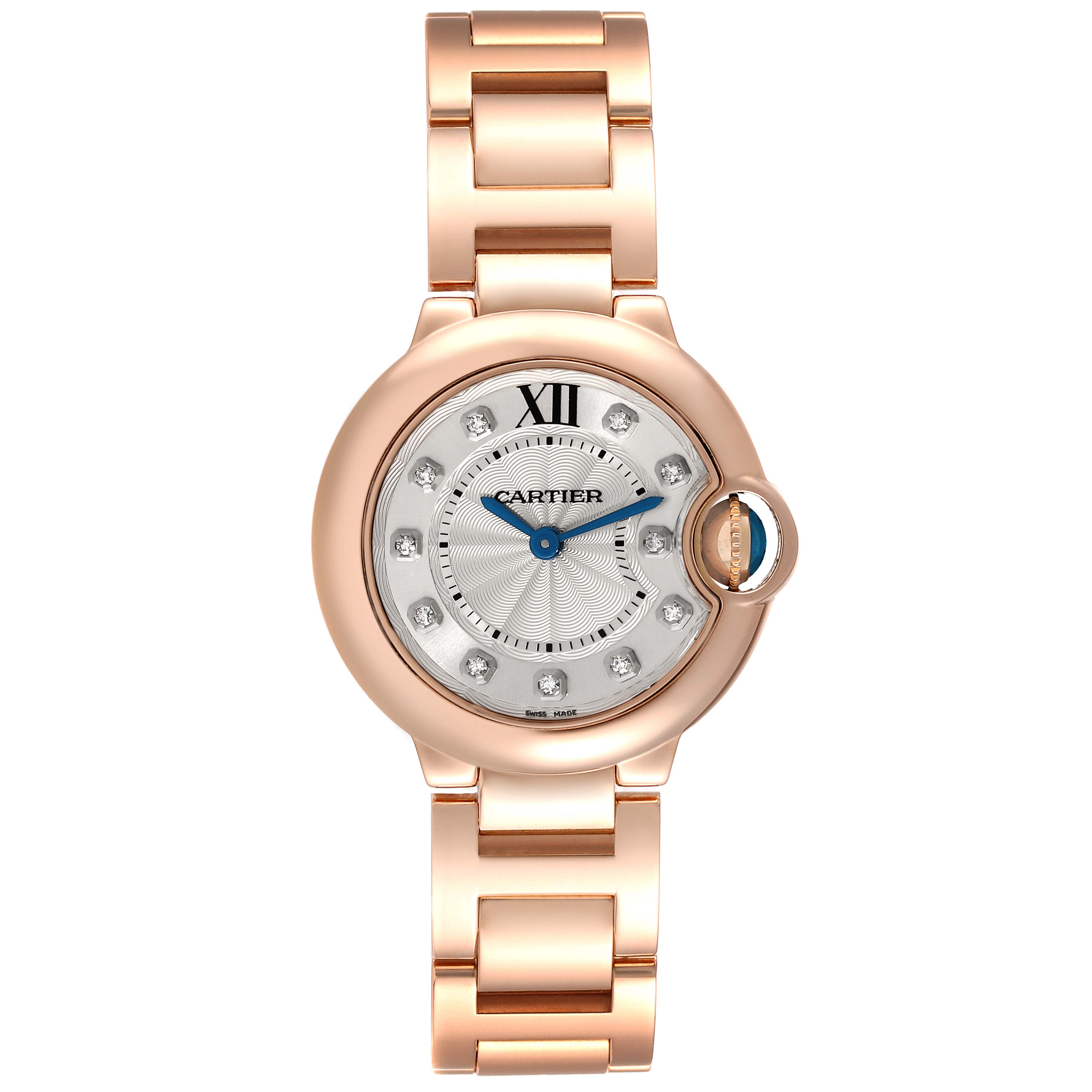 The image shows a front view of the Cartier Ballon Bleu WE902025 Women's Rose Gold Silver Dial WE902025 Women's Rose Gold Silver Dial watch, displaying its face and part of the bracelet.