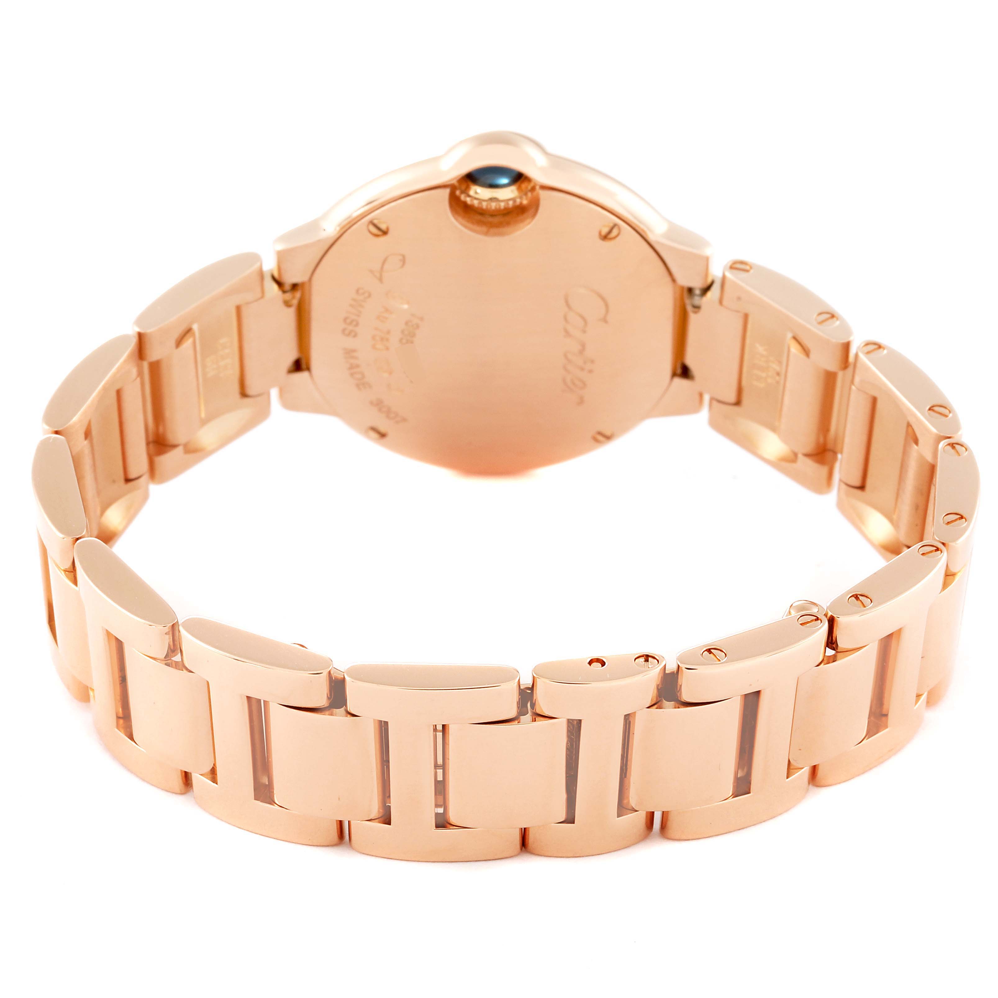 This image shows the back of the Cartier Ballon Bleu WE902025 Women's Rose Gold Silver Dial WE902025 Women's Rose Gold Silver Dial watch and its bracelet from a rear angle.