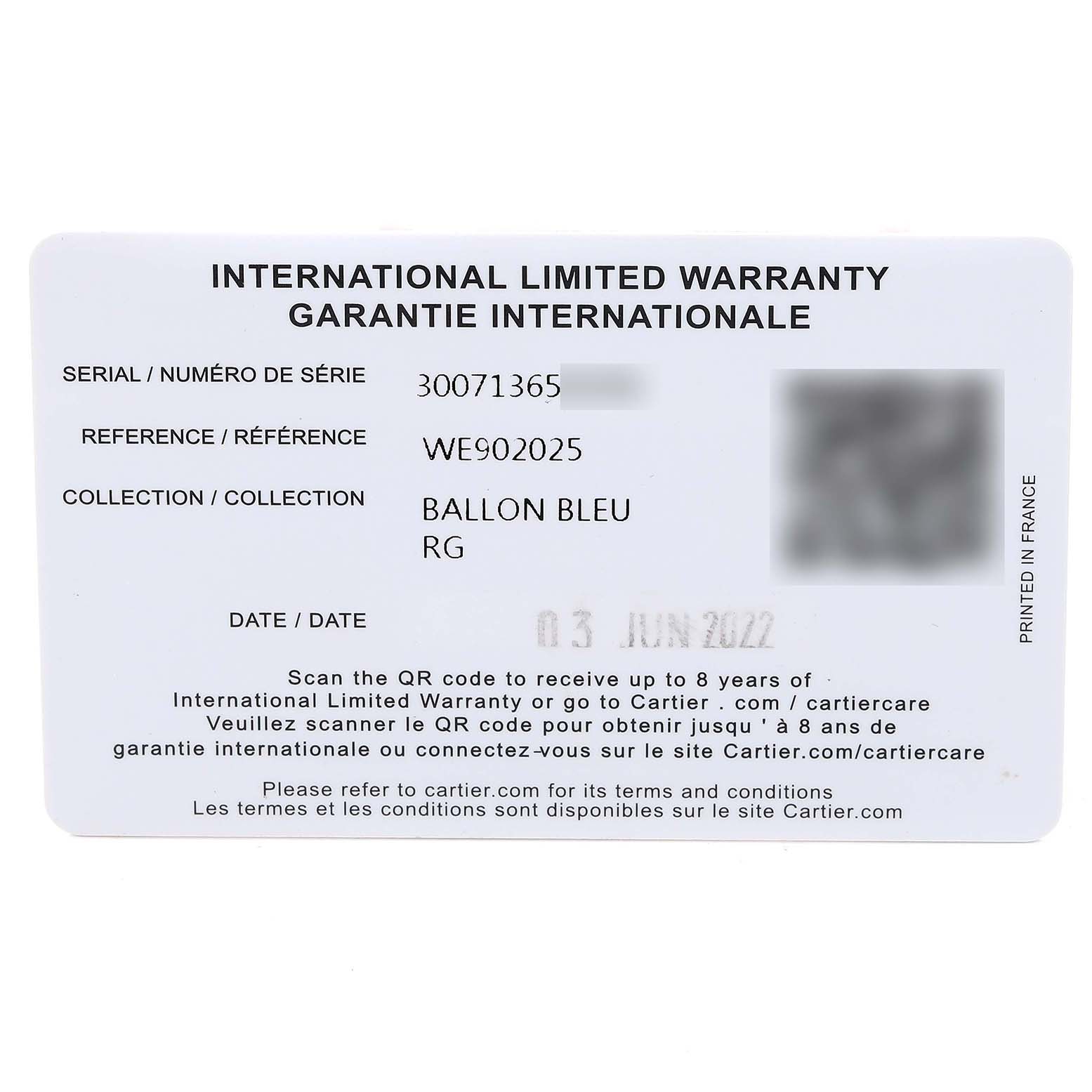 The image shows an International Limited Warranty card for the Cartier Ballon Bleu WE902025 Women's Rose Gold Silver Dial WE902025 Women's Rose Gold Silver Dial model.