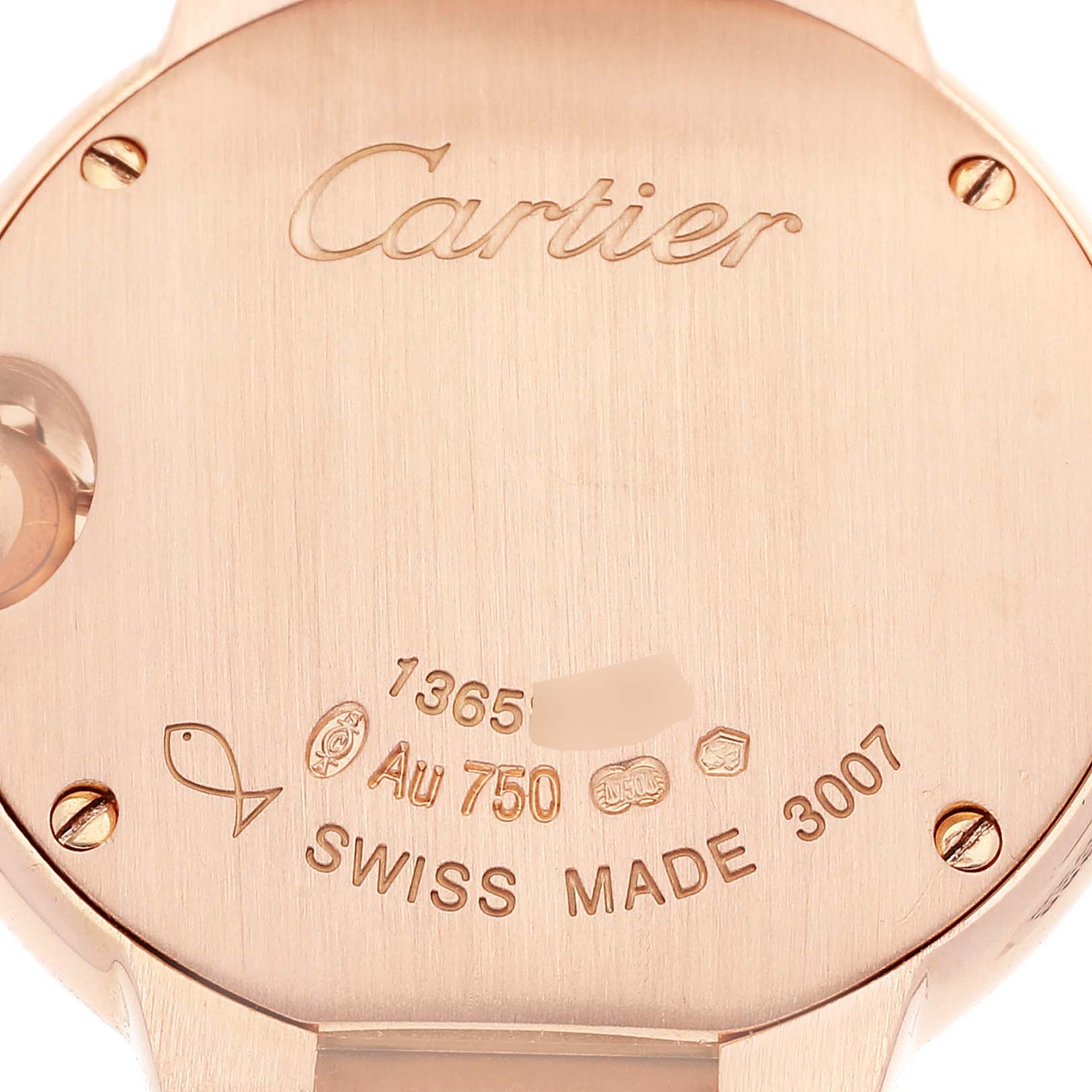 This is the back view of the Ballon Bleu model by Cartier, showcasing its engravings and hallmark stamps.