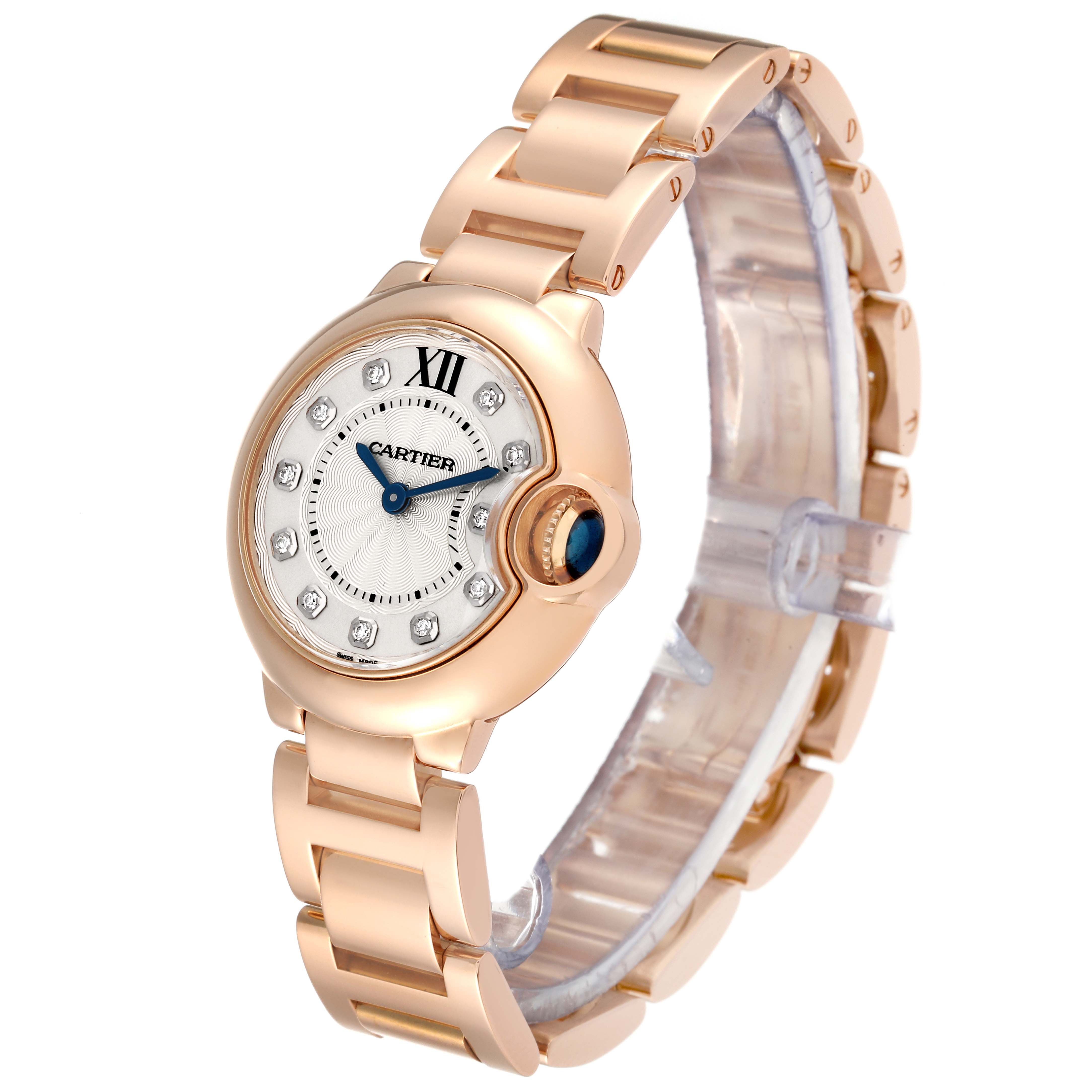 The image shows a Cartier Ballon Bleu WE902025 Women's Rose Gold Silver Dial WE902025 Women's Rose Gold Silver Dial watch angled from the front-left, displaying the face, dial, and bracelet.
