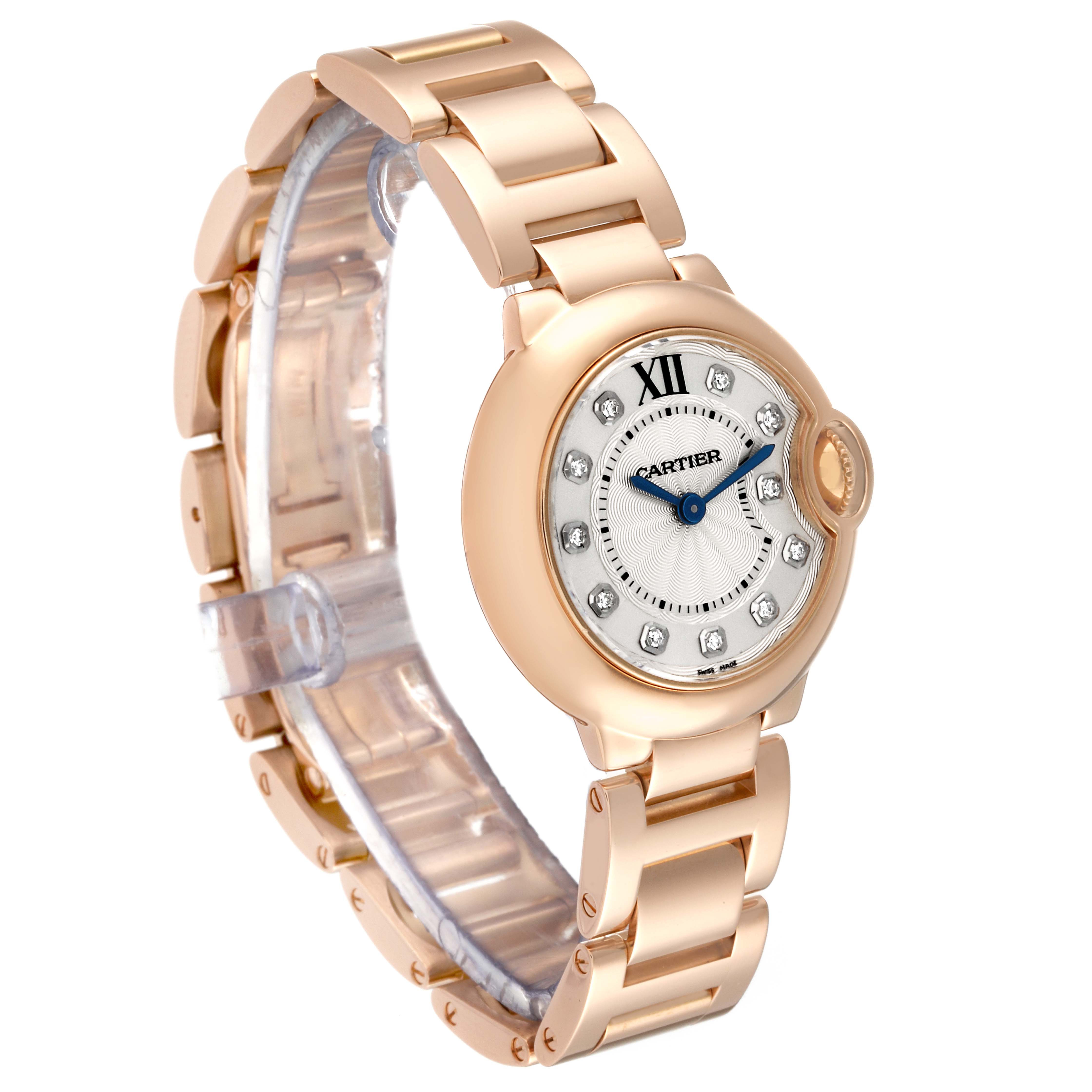 The image shows a Cartier Ballon Bleu WE902025 Women's Rose Gold Silver Dial WE902025 Women's Rose Gold Silver Dial watch in a three-quarter view, highlighting its dial and bracelet.