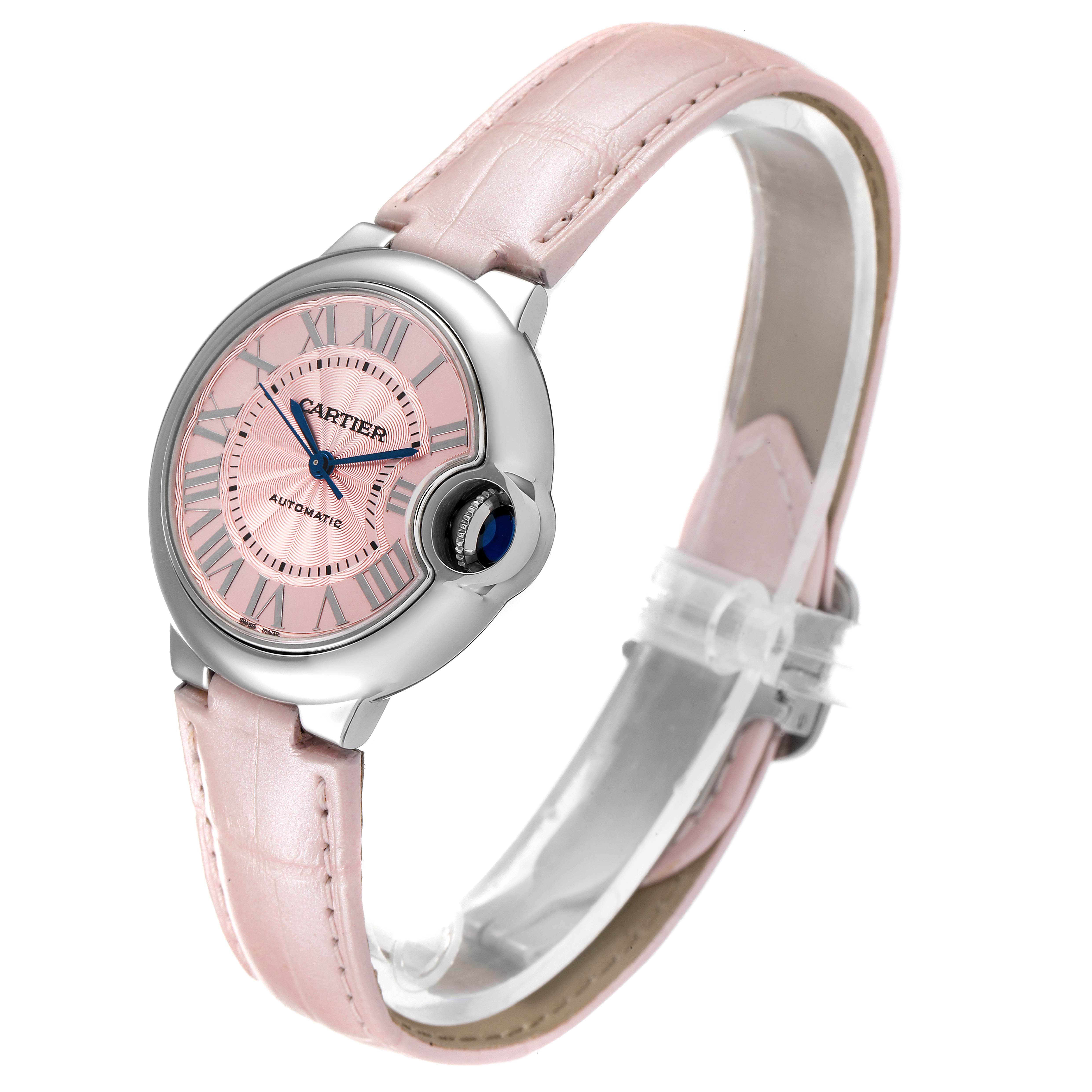 The image shows a Cartier Ballon Bleu WSBB0002 Women's Steel and Gold (two tone) Pink Dial WSBB0002 Women's Steel and Gold (two tone) Pink Dial watch from a front angled view, highlighting its pink dial and leather strap.