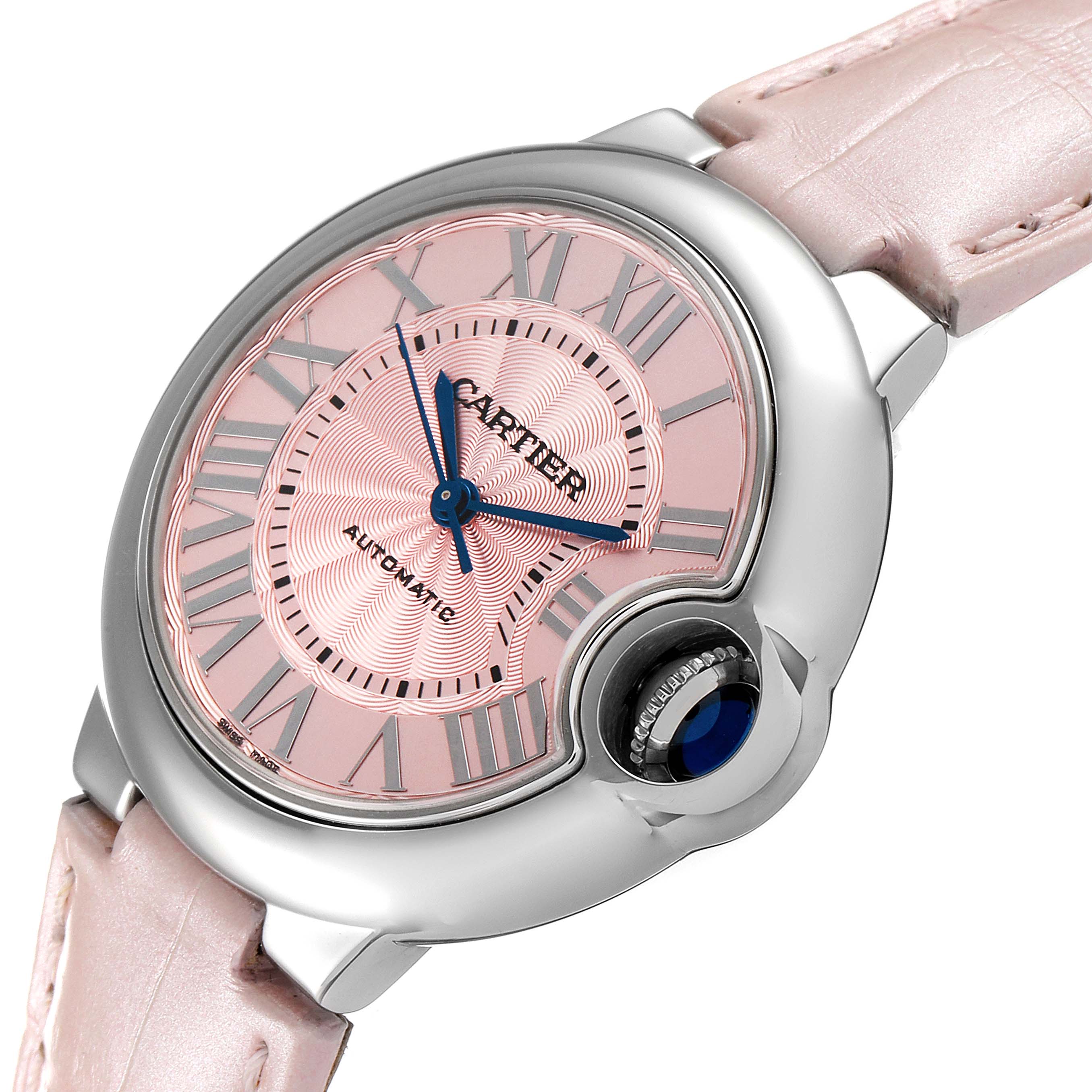 The image shows a close-up, angled view of the Ballon Bleu by Cartier, displaying the dial, case, and part of the strap.