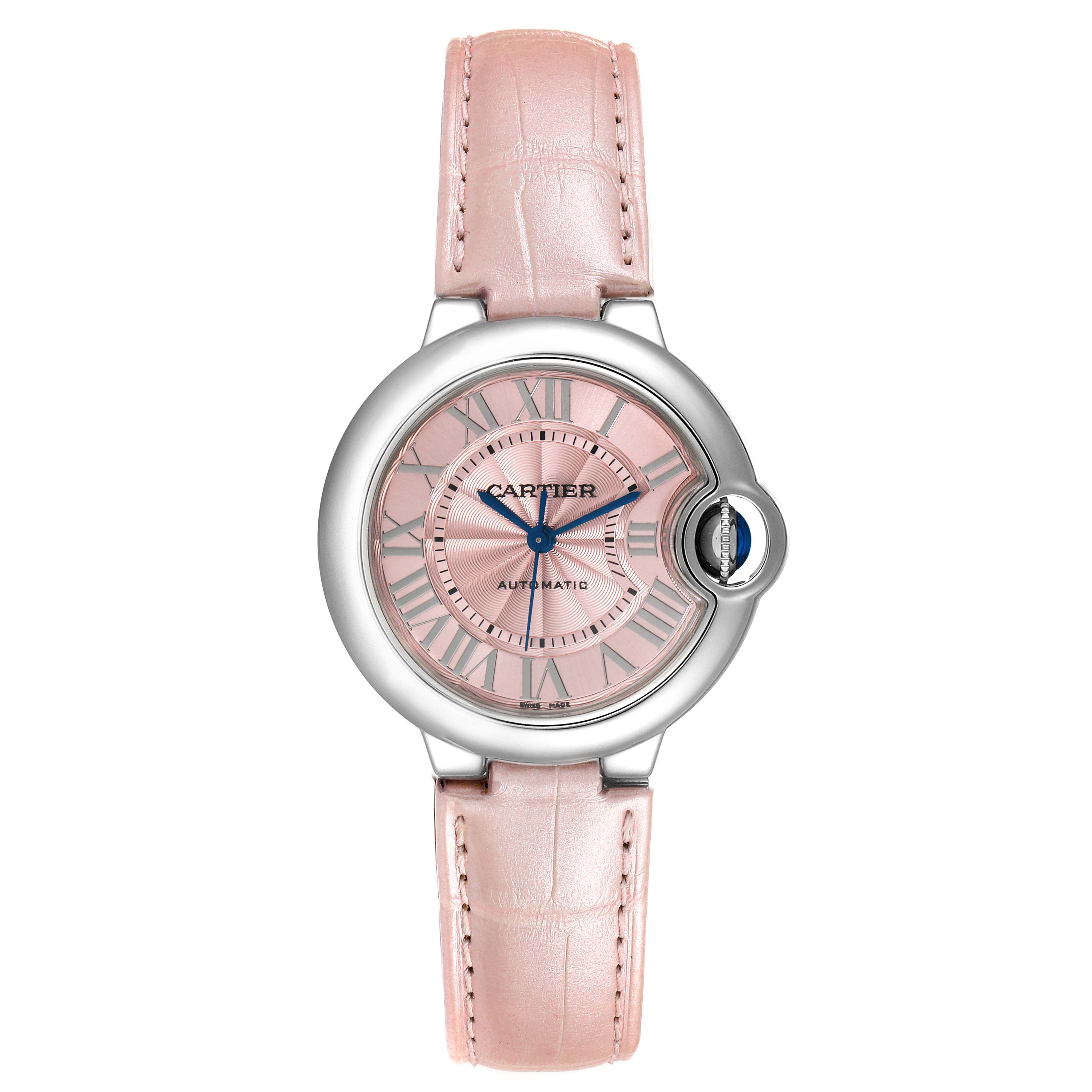 The image shows a top-down view of a Cartier Ballon Bleu WSBB0002 Women's Steel and Gold (two tone) Pink Dial WSBB0002 Women's Steel and Gold (two tone) Pink Dial watch with a pink leather strap and pink dial.