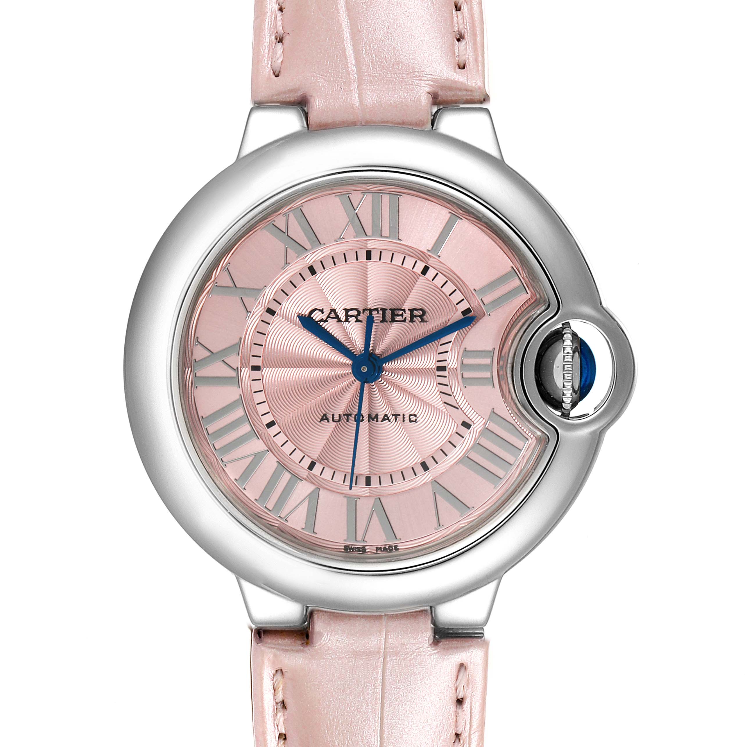 This image shows a front view of a Cartier Ballon Bleu WSBB0002 Women's Steel and Gold (two tone) Pink Dial WSBB0002 Women's Steel and Gold (two tone) Pink Dial watch with a pink dial and pink leather strap.
