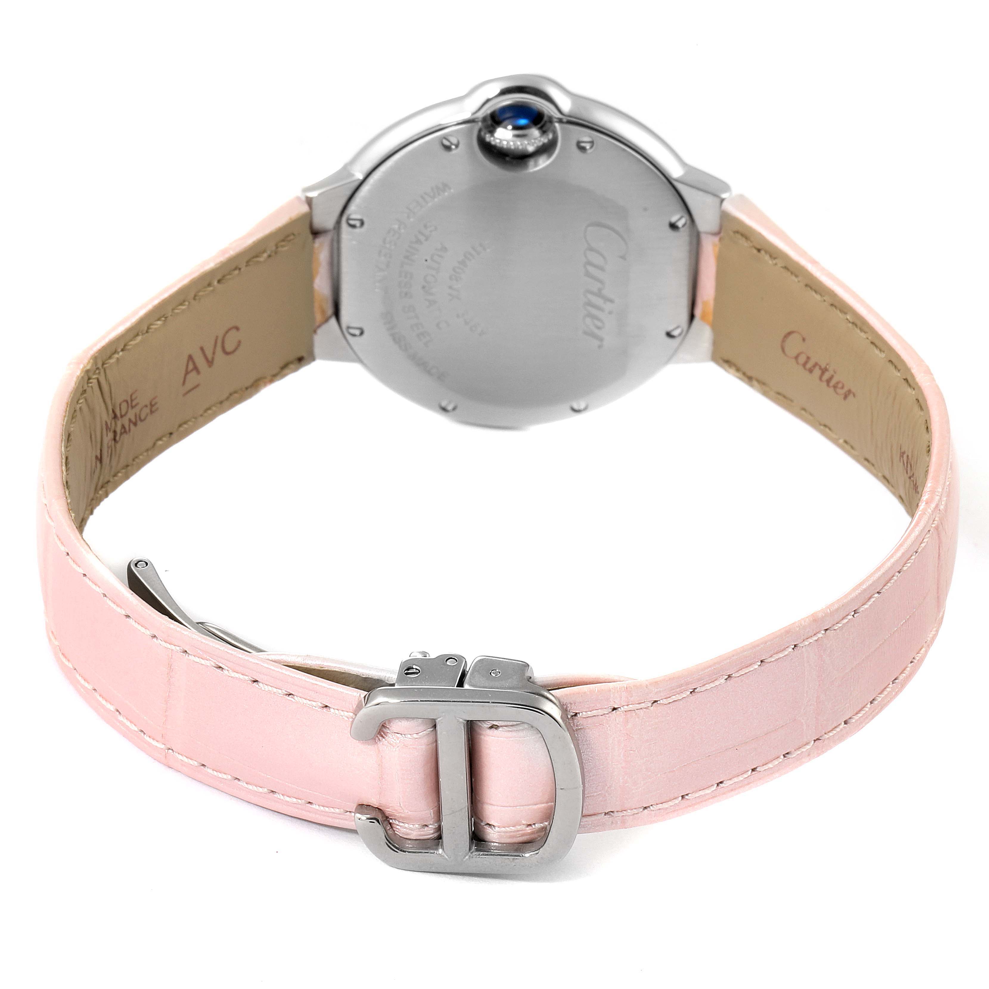 This image shows the back of the Cartier Ballon Bleu WSBB0002 Women's Steel and Gold (two tone) Pink Dial WSBB0002 Women's Steel and Gold (two tone) Pink Dial watch, focusing on the case back and pink leather strap with a buckle.