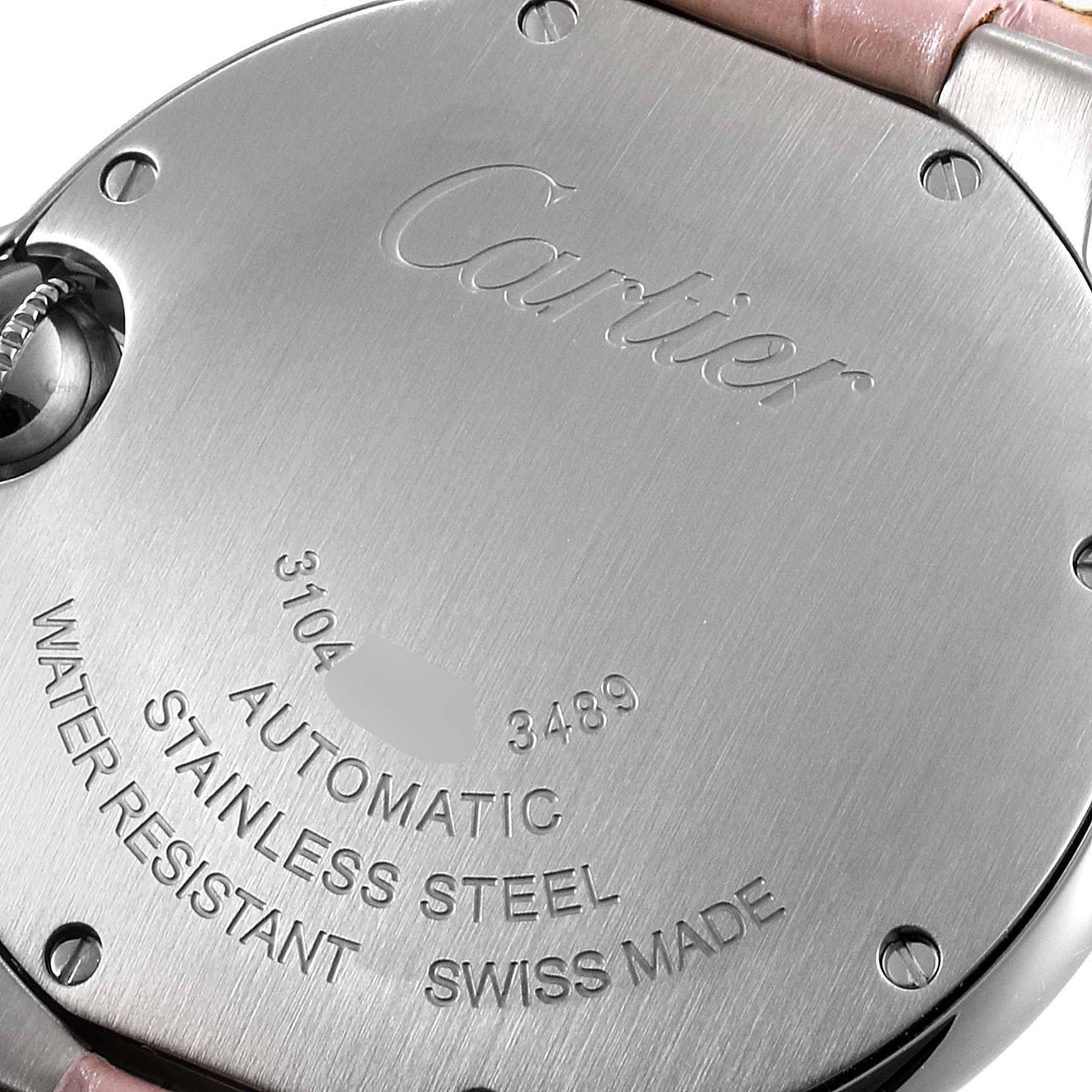 The image shows the back case of a Cartier Ballon Bleu WSBB0002 Women's Steel and Gold (two tone) Pink Dial WSBB0002 Women's Steel and Gold (two tone) Pink Dial watch, displaying details like material, water resistance, and automatic movement.