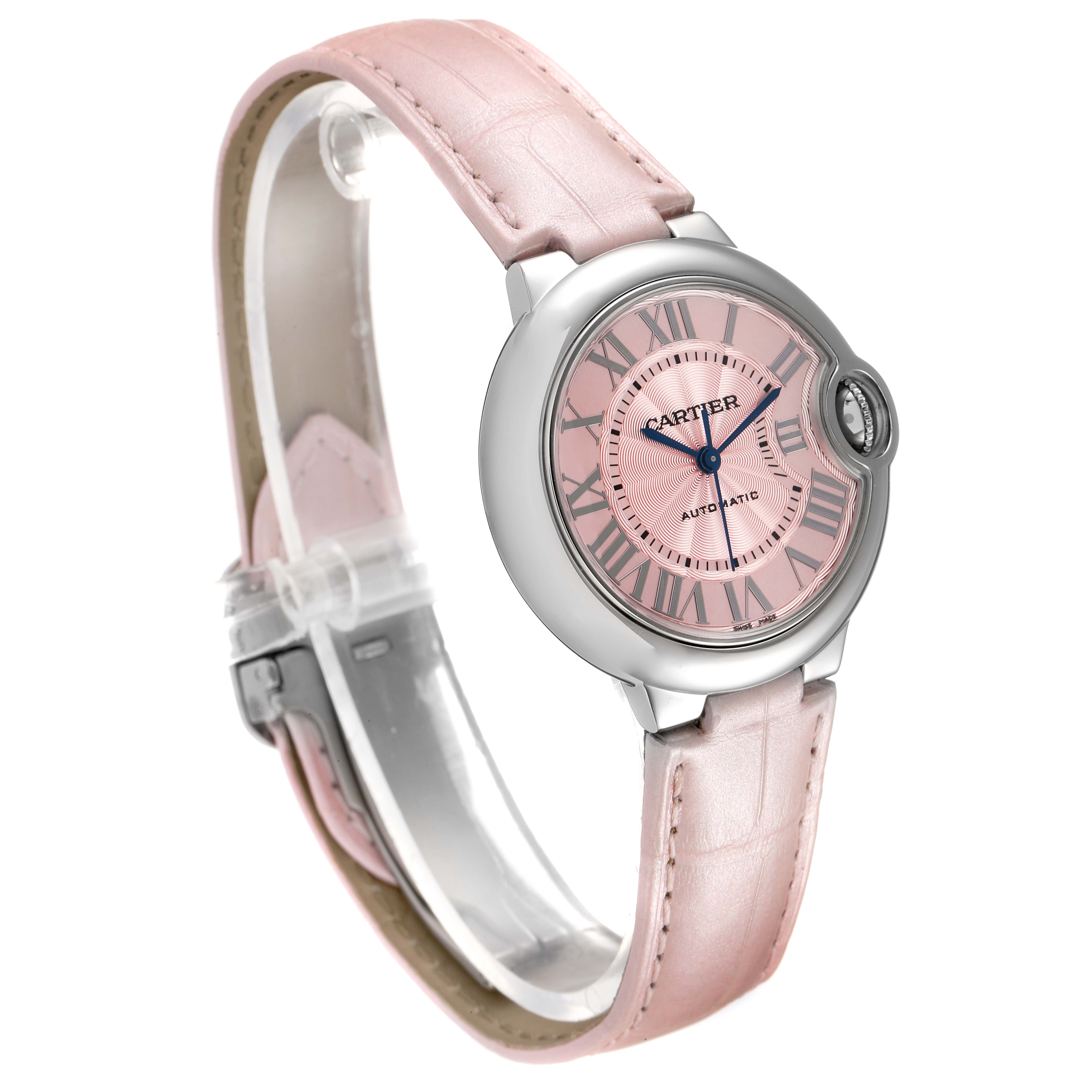 This image shows a side-angle view of the Cartier Ballon Bleu WSBB0002 Women's Steel and Gold (two tone) Pink Dial WSBB0002 Women's Steel and Gold (two tone) Pink Dial watch with a pink leather strap and a pink dial.