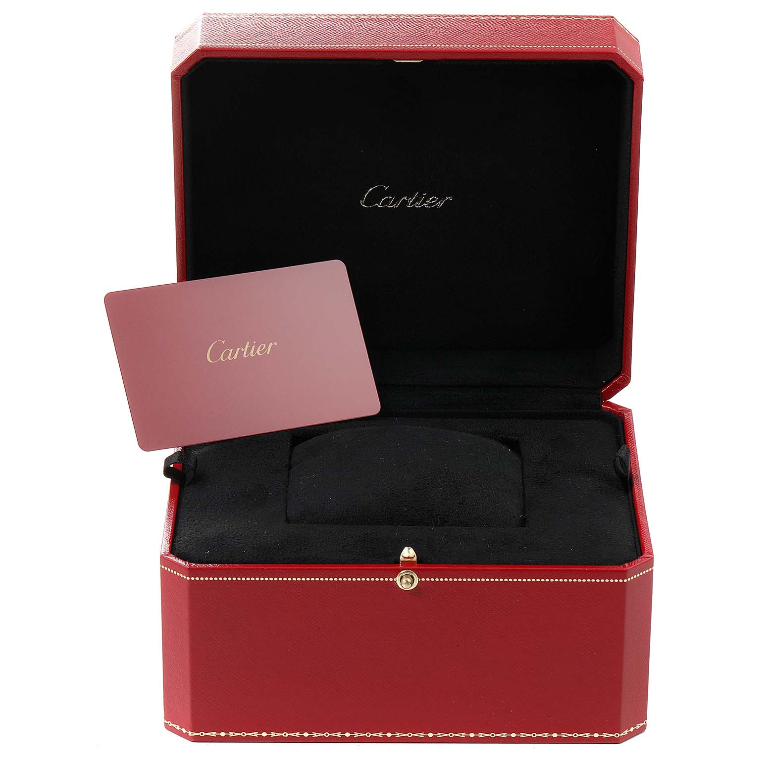 The image shows an open Cartier Ballon Bleu WSBB0002 Women's Steel and Gold (two tone) Pink Dial WSBB0002 Women's Steel and Gold (two tone) Pink Dial watch box with a Cartier card inside.